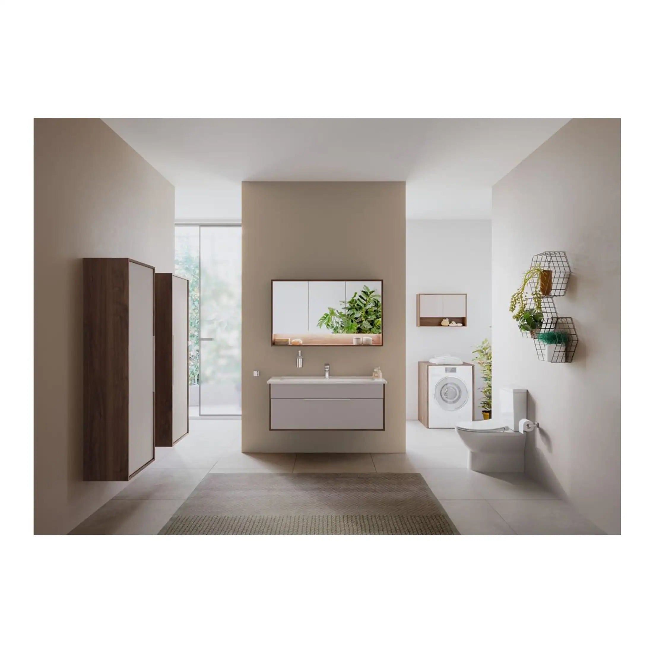 Modern minimalist bathroom design featuring a floating vanity, wall-mounted toilet, and stylish storage solutions, creating a sleek, functional, and contemporary space.