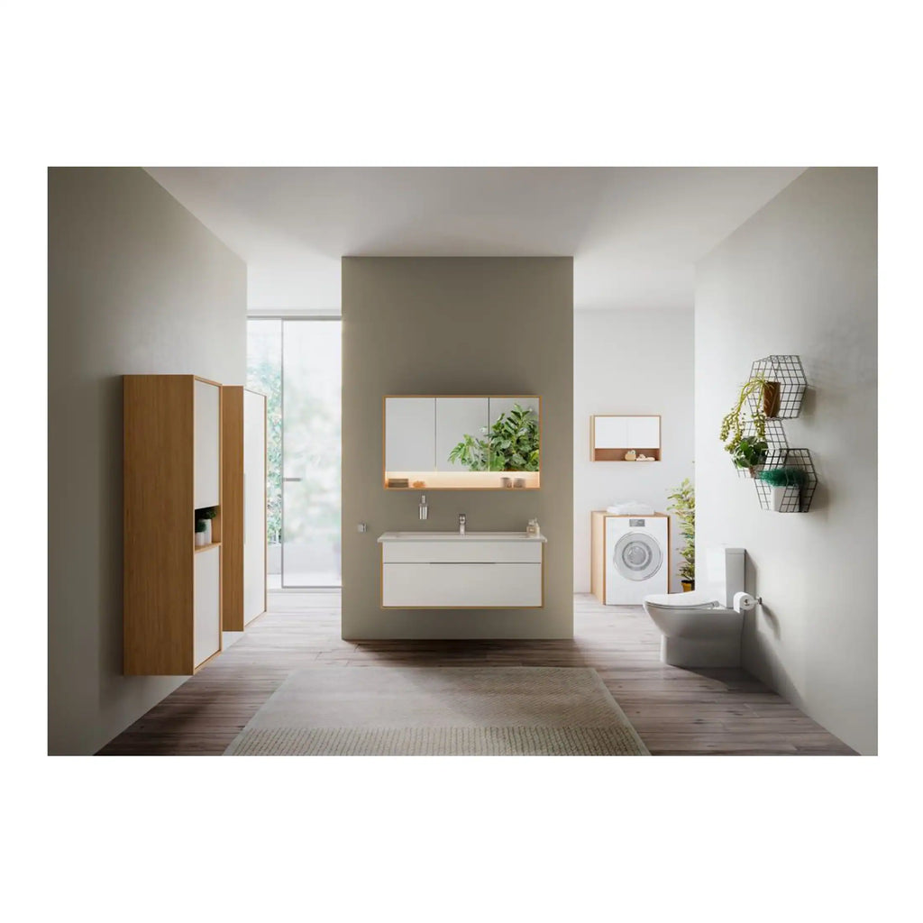 Modern minimalistic bathroom design with wall-mounted sink, mirror cabinet, bidet, and wooden storage units, complemented by natural light and indoor plants, creating a clean and fresh aesthetic.