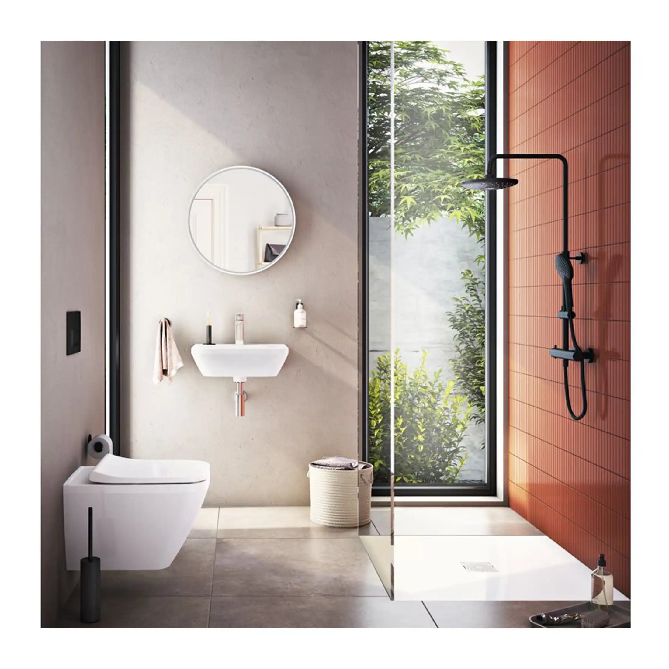 Contemporary bathroom with minimalist white fixtures, a sleek walk-in shower with black fixtures, a round mirror, and large windows showcasing greenery for a modern, stylish bathroom design.
