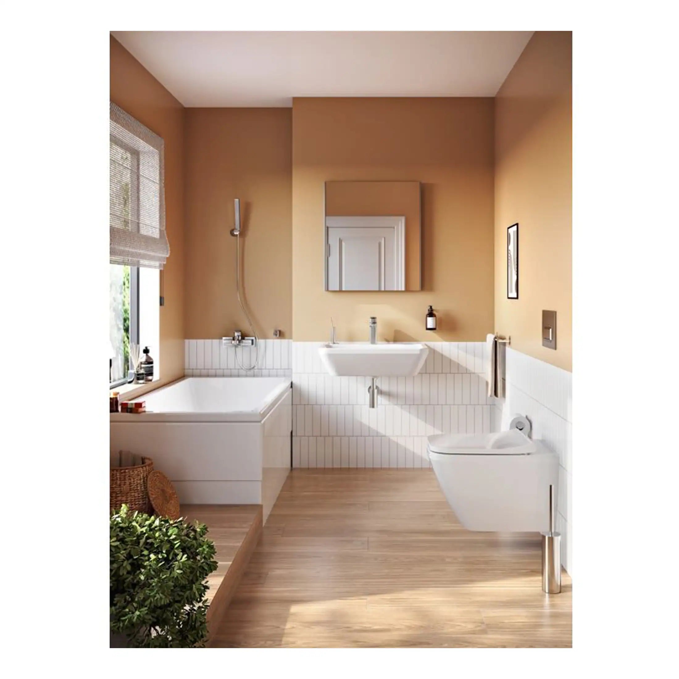 Modern bubble bath bathroom with beige walls, wall-mounted toilet, and white tiles, featuring a sleek sink, mirror, and natural light from a window, perfect for contemporary bathroom designs.