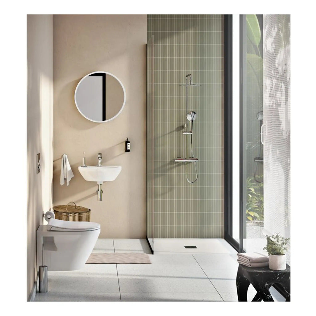 Modern bathroom with walk-in shower, wall-mounted sink, and contemporary fixtures, featuring minimalist design, neutral tones, and natural light for stylish and functional bathroom decor.