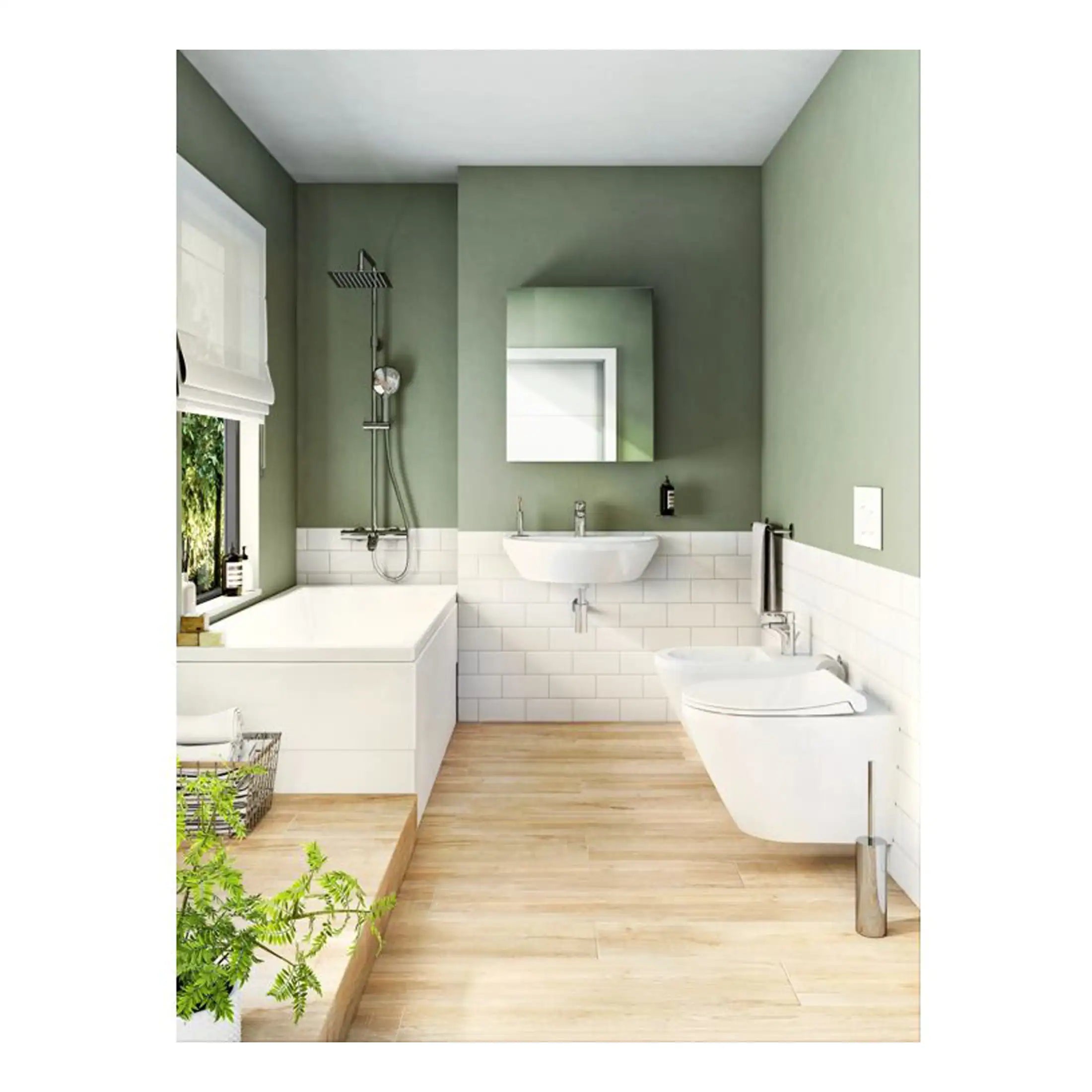 Bright modern bathroom with a freestanding bathtub, wall-mounted toilet, and sleek sink, featuring green walls, white tiles, and wooden flooring for a stylish and functional bathroom design.