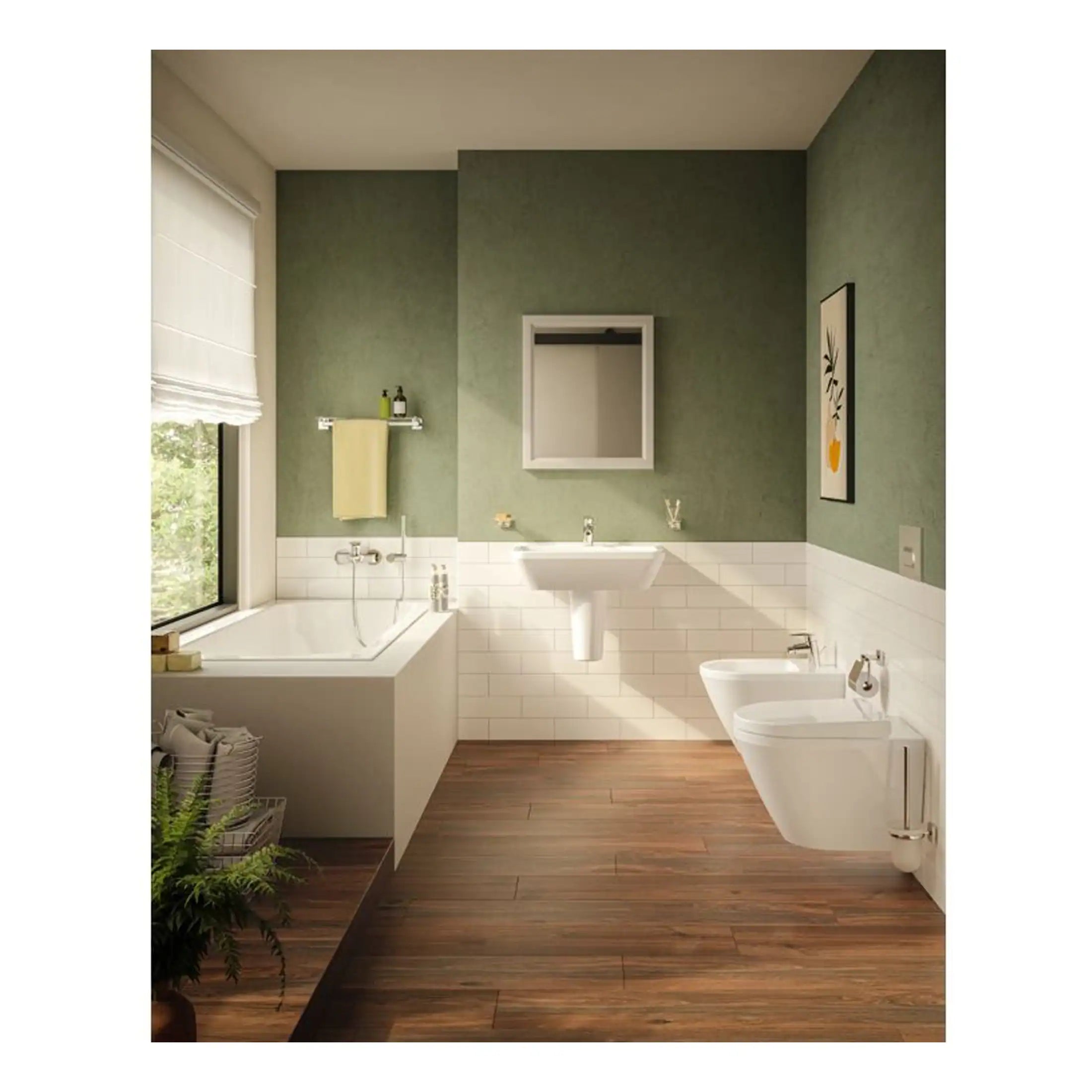 Bright green bathroom with modern bathtub, wall-mounted sink, bidets, and natural light; contemporary bathroom design with stylish fixtures and wooden flooring for a relaxing space.