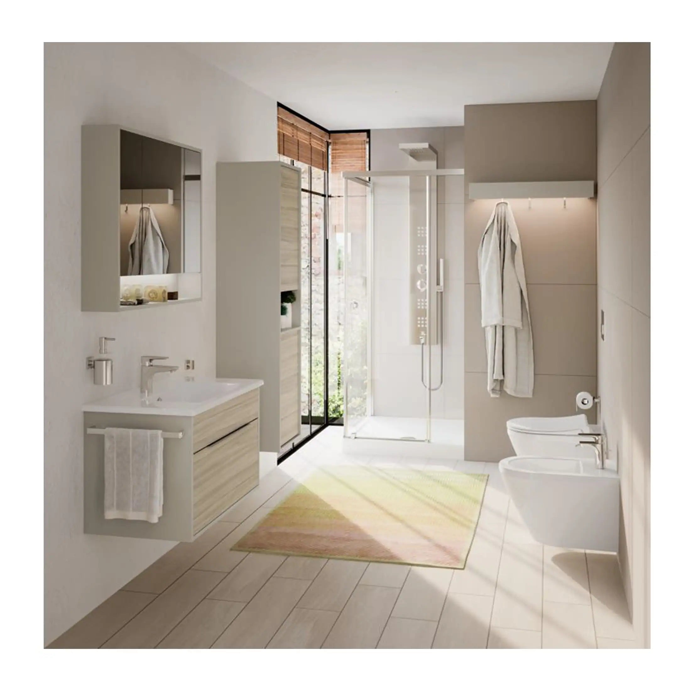 Modern minimalist bathroom with walk-in shower, bidet, and wall-mounted sink, featuring neutral tones, natural light, and sleek fixtures. Ideal for contemporary bathroom design.