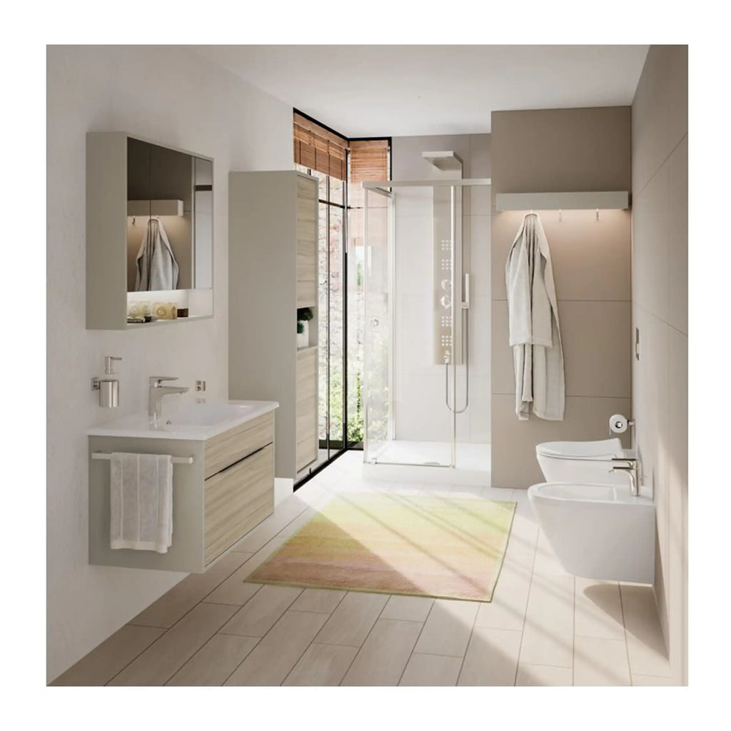 Modern minimalist bathroom with walk-in shower, bidet, and wall-mounted sink, featuring neutral tones, natural light, and sleek fixtures. Ideal for contemporary bathroom design.