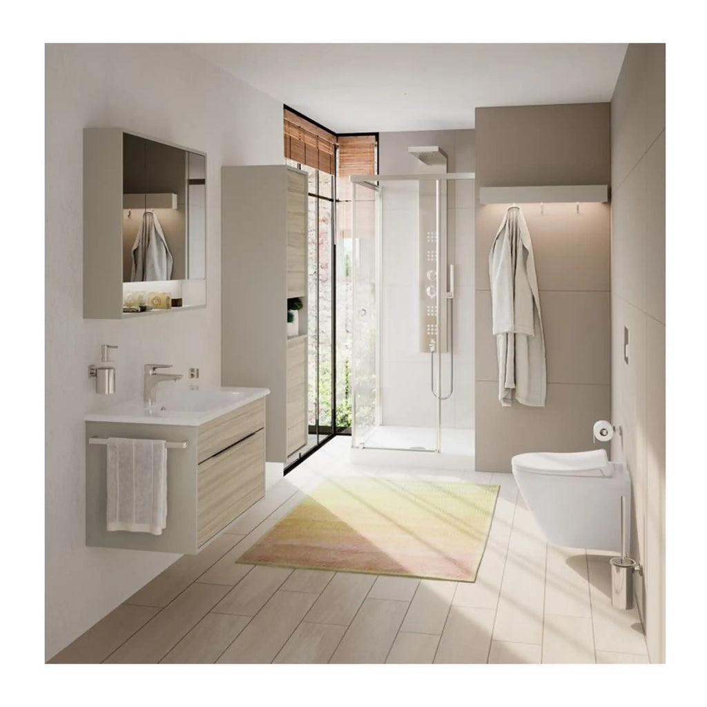 Bright modern bathroom with walk-in shower, wooden accents, and minimalist design, featuring contemporary fixtures, soft neutral tones, and ample natural light for a stylish and functional space.