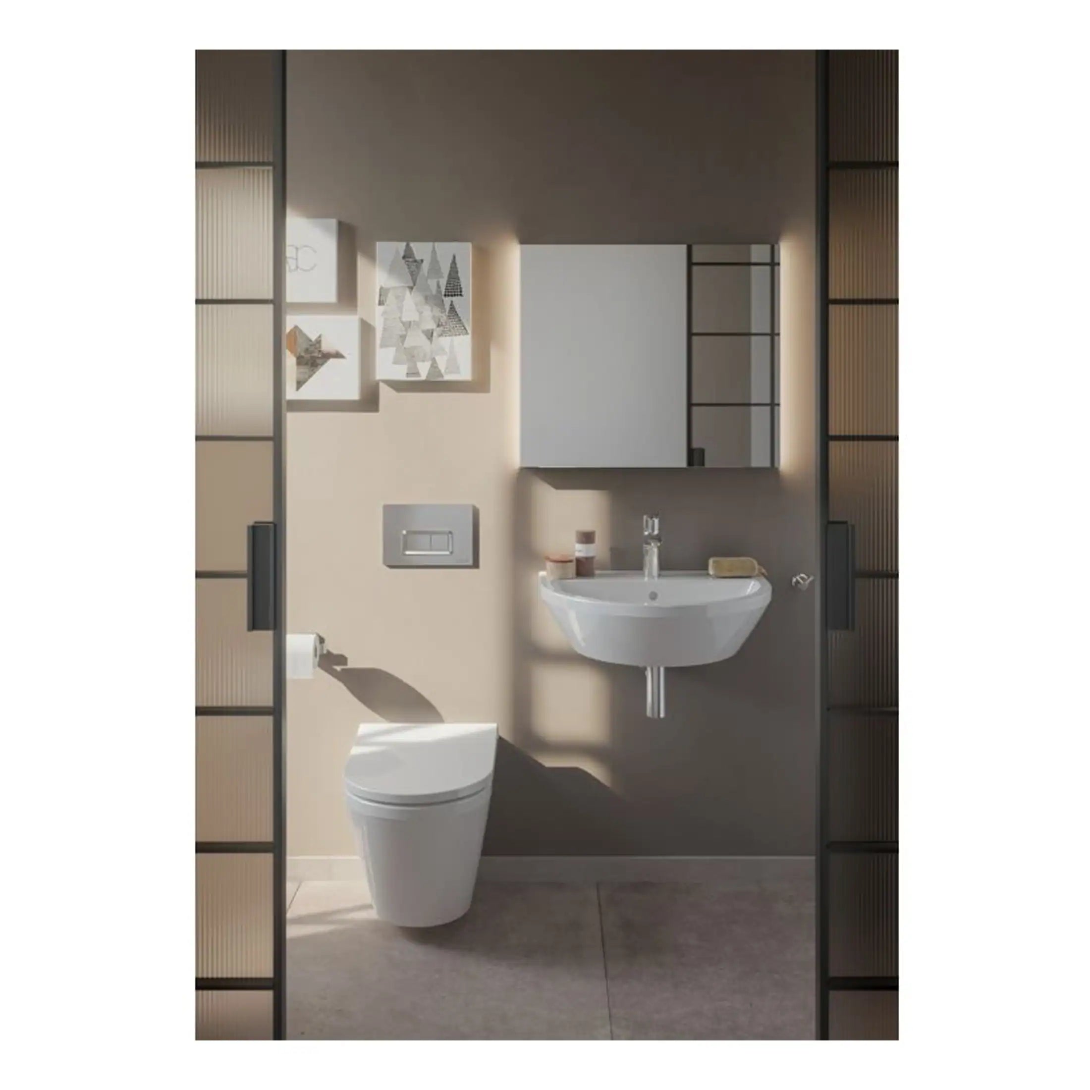 Modern compact bathroom with wall-mounted toilet and a sleek corner sink, featuring minimalist design and neutral colour palette.