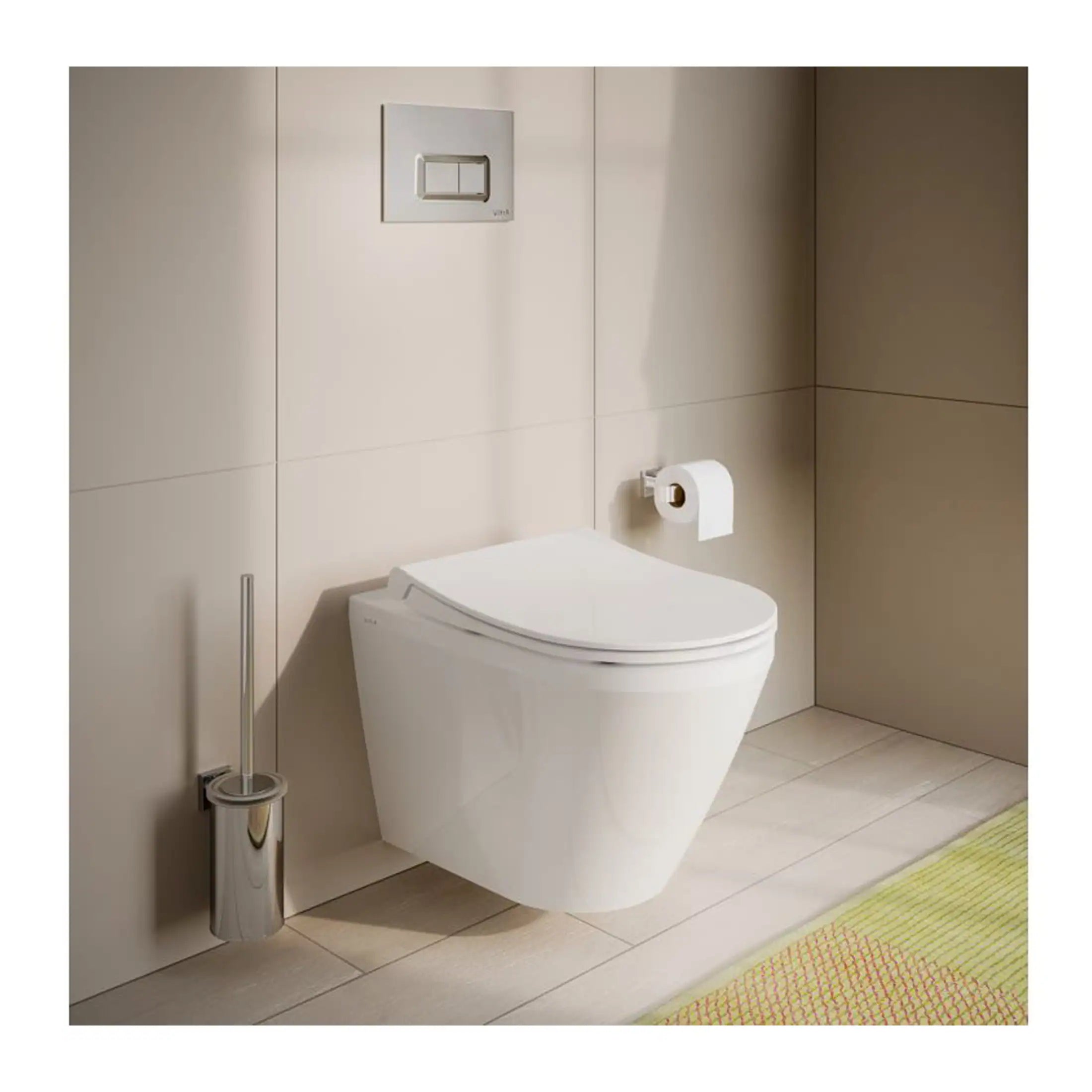 Contemporary wall-mounted toilet with built-in bidet function in modern bathroom, featuring sleek design, soft-close lid, and toilet paper holder for a stylish, hygienic bathroom upgrade.