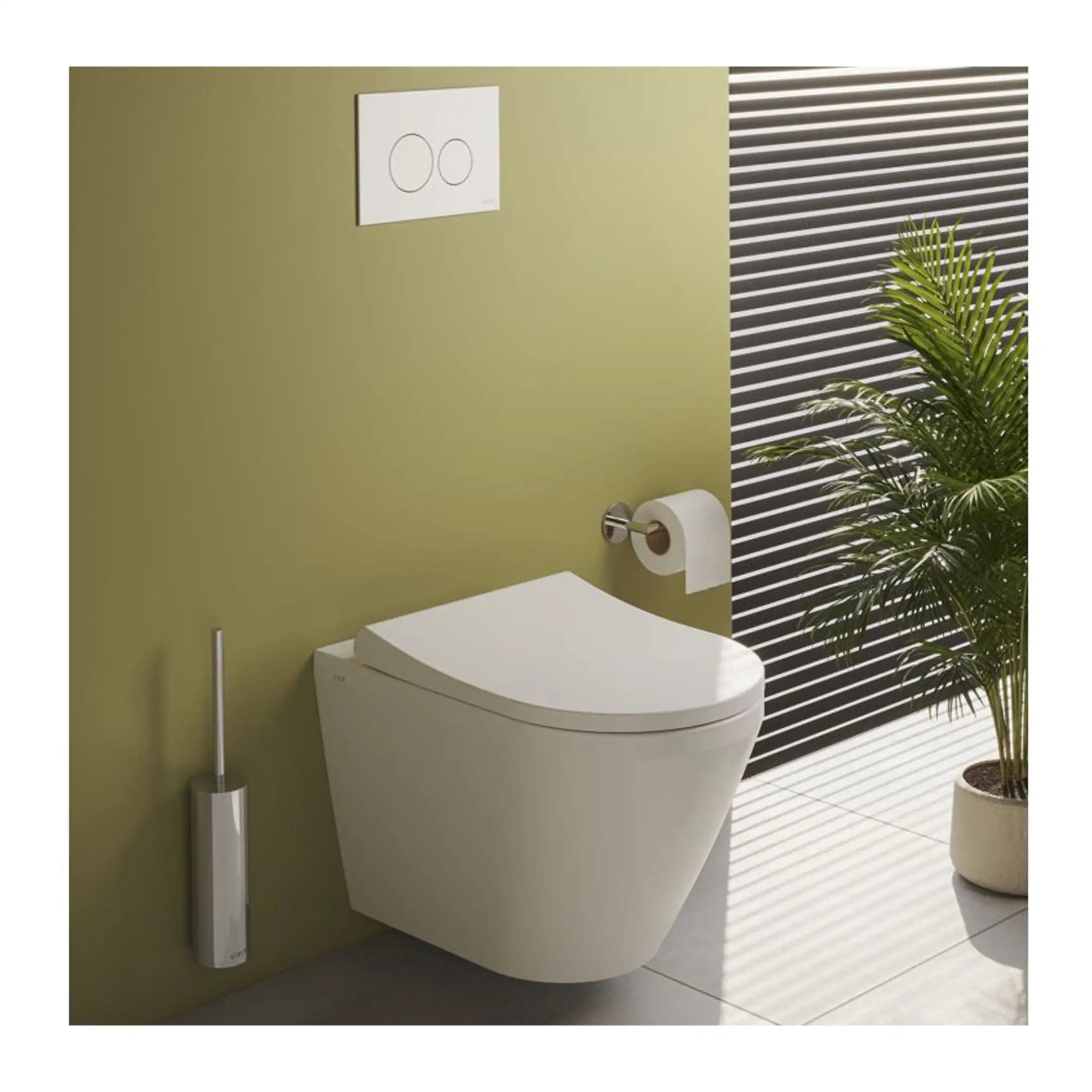 Sleek modern wall-hung toilet with a dual-flush system in a contemporary bathroom setting emphasizing bathroom fixtures and design.