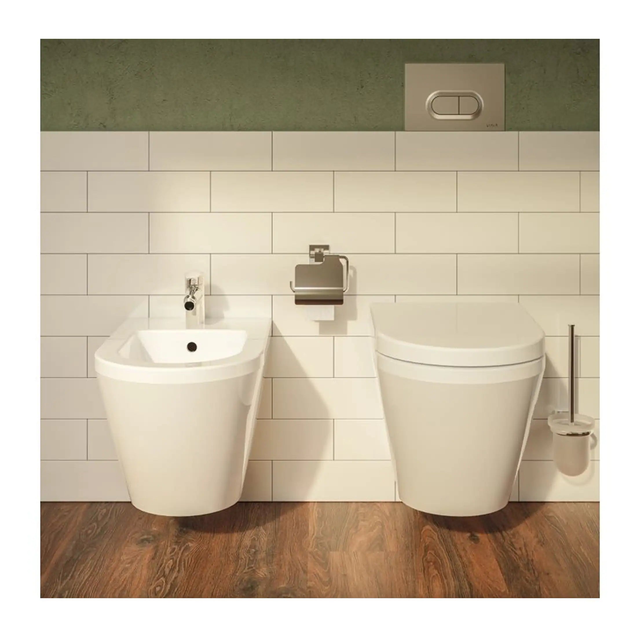 Sleek white bidet and toilet with modern design in a stylish bathroom setting.