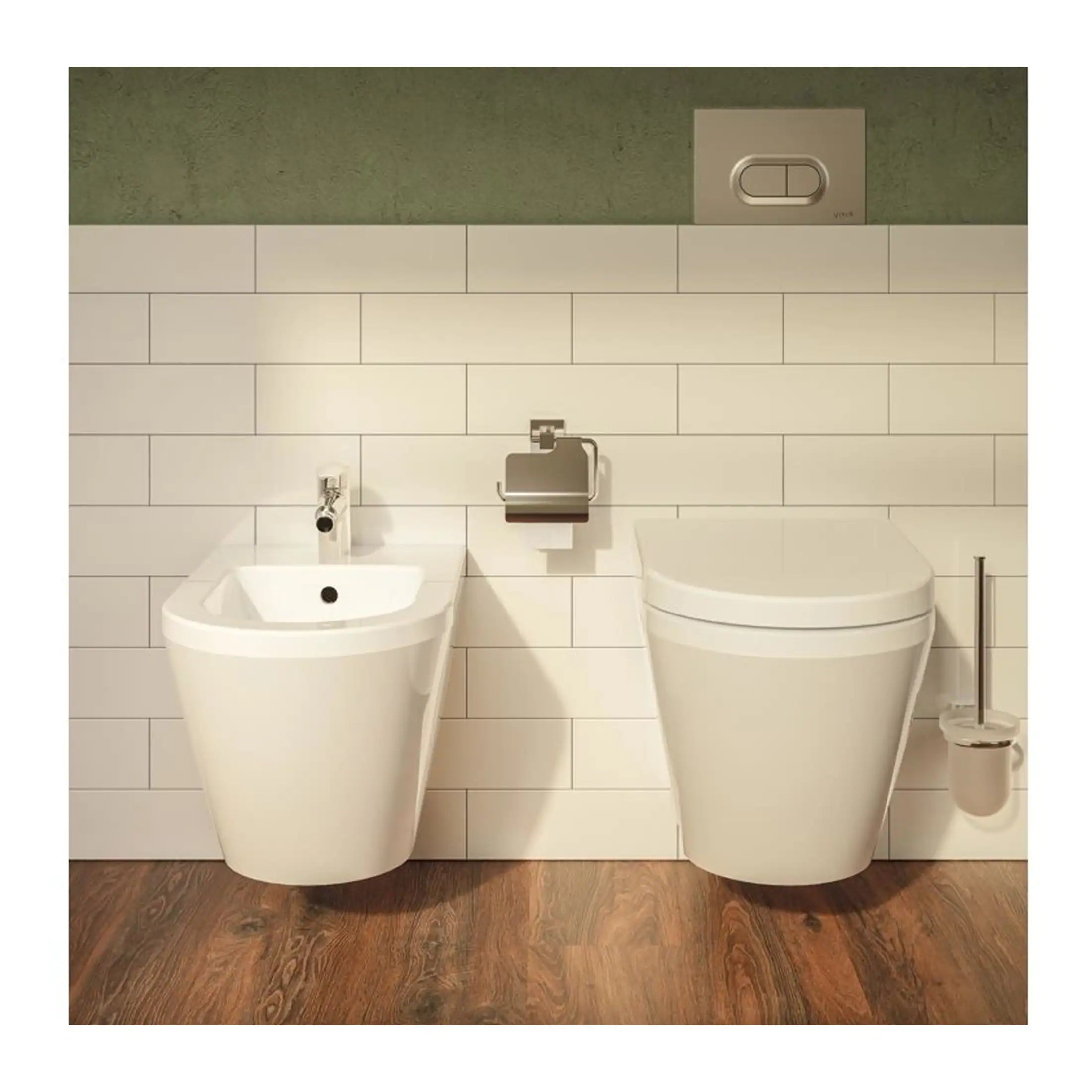 Bubly Bathrooms modern white bidet and toilet set with wall-mounted flush buttons, stainless steel toilet paper holder, and wooden flooring, showcasing stylish bathroom design elements.