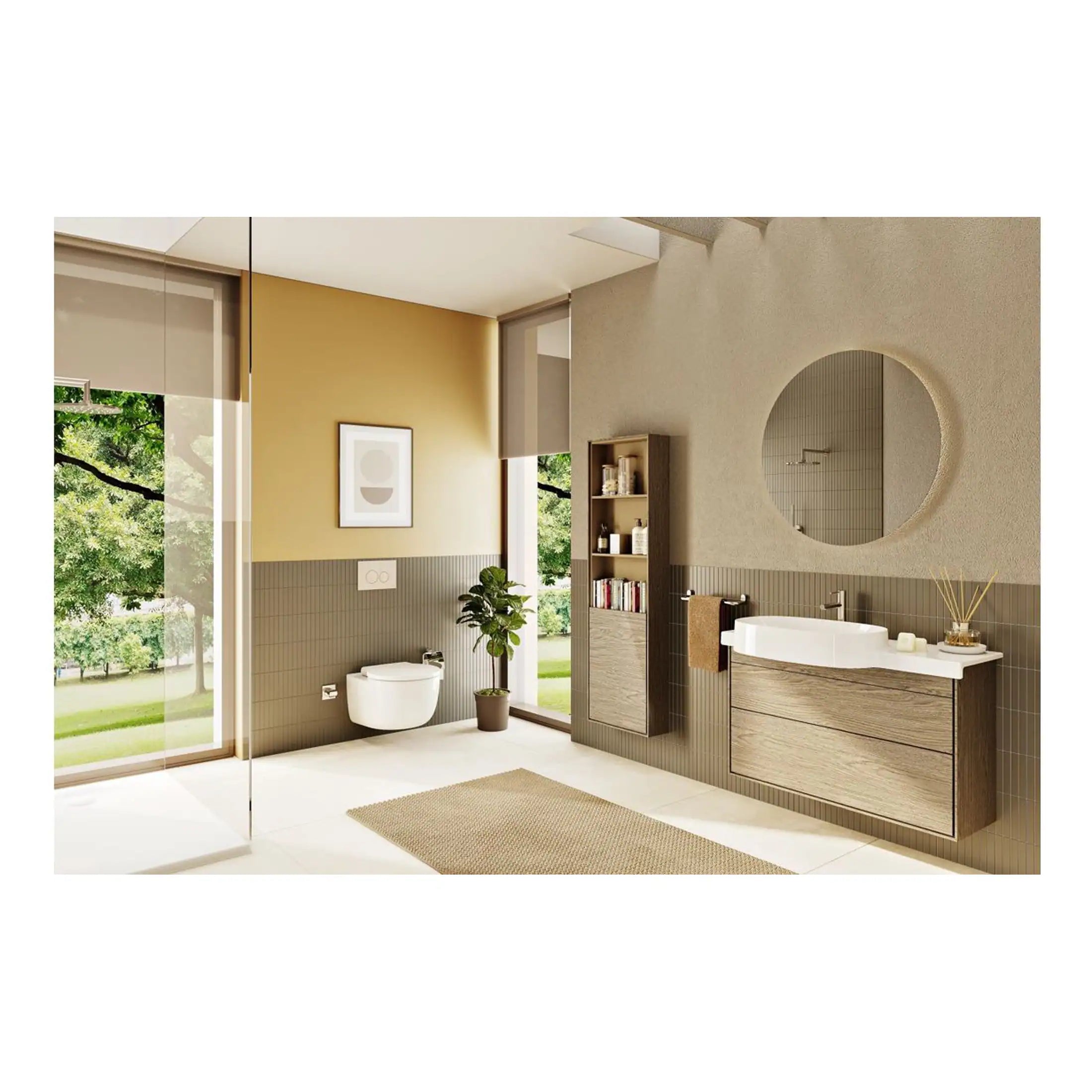 Slew bathroom with modern fixtures, wall-mounted toilet, minimalist vanity unit, large round mirror, natural light, wood and neutral tones, stylish storage, and green indoor plant decor.