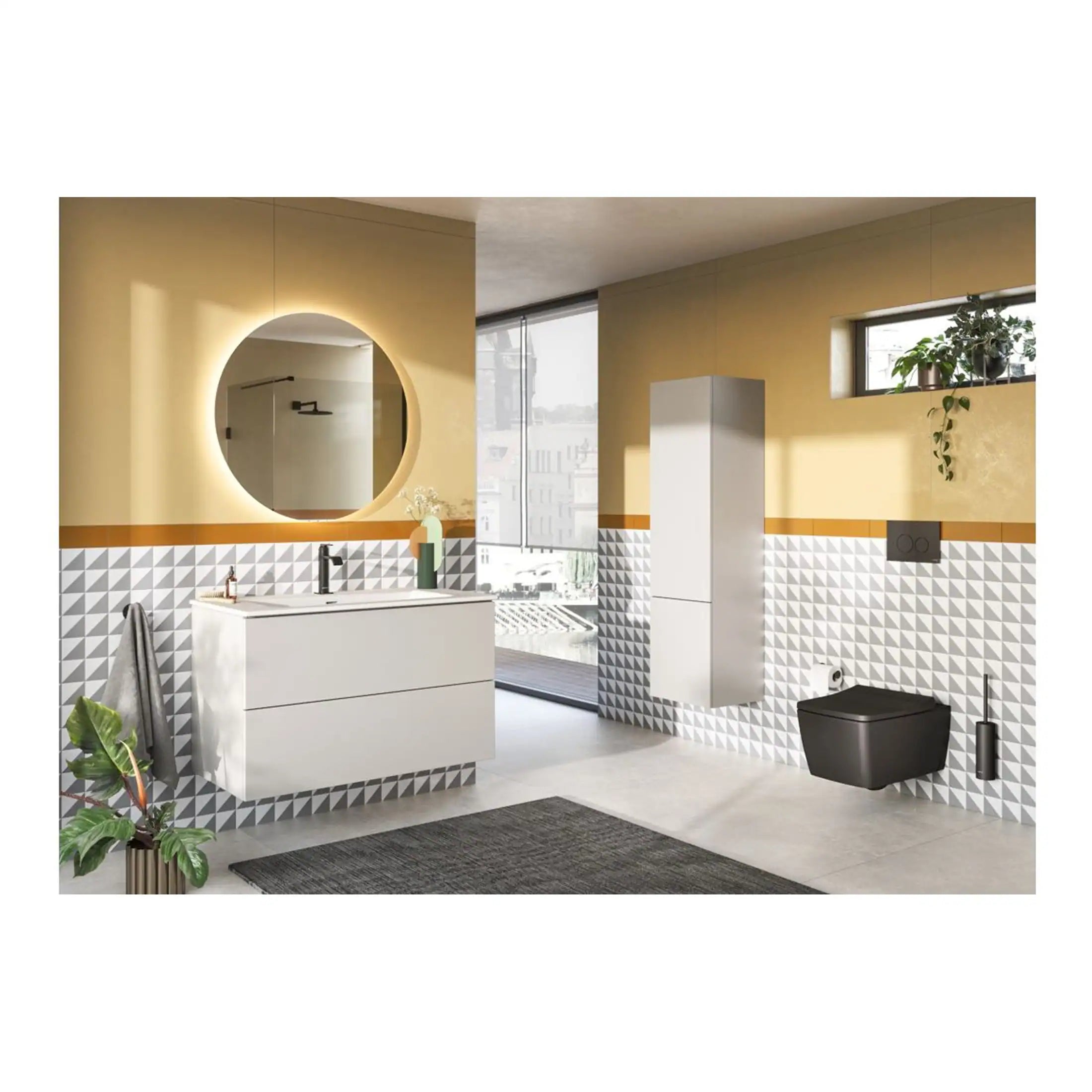 Contemporary bathroom design with white vanity unit, round illuminated mirror, black toilet, and modern fixtures set against yellow walls with geometric tile accents, natural light from large window.