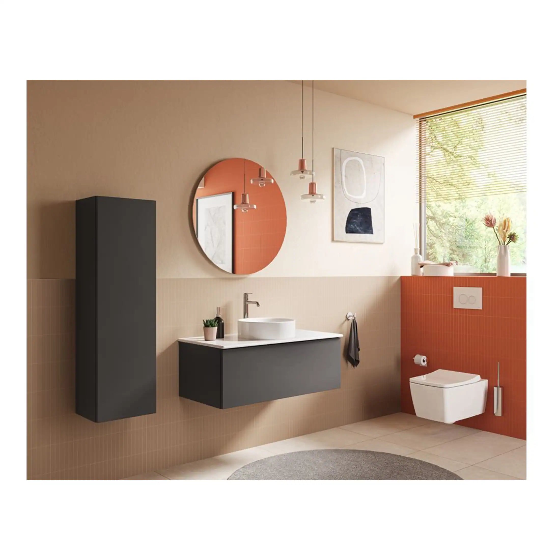 Modern bathroom with sleek black storage units, wall-mounted toilet, contemporary sink, round mirror, and stylish decor, featuring natural light and warm tones for a chic, functional space.