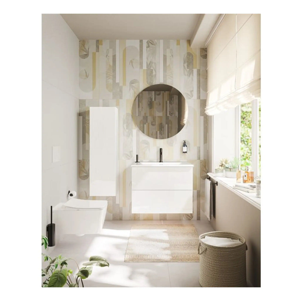 Contemporary white bathroom with modern vanity, round mirror, and natural light, featuring stylish decor and minimalist design for a clean and serene space.