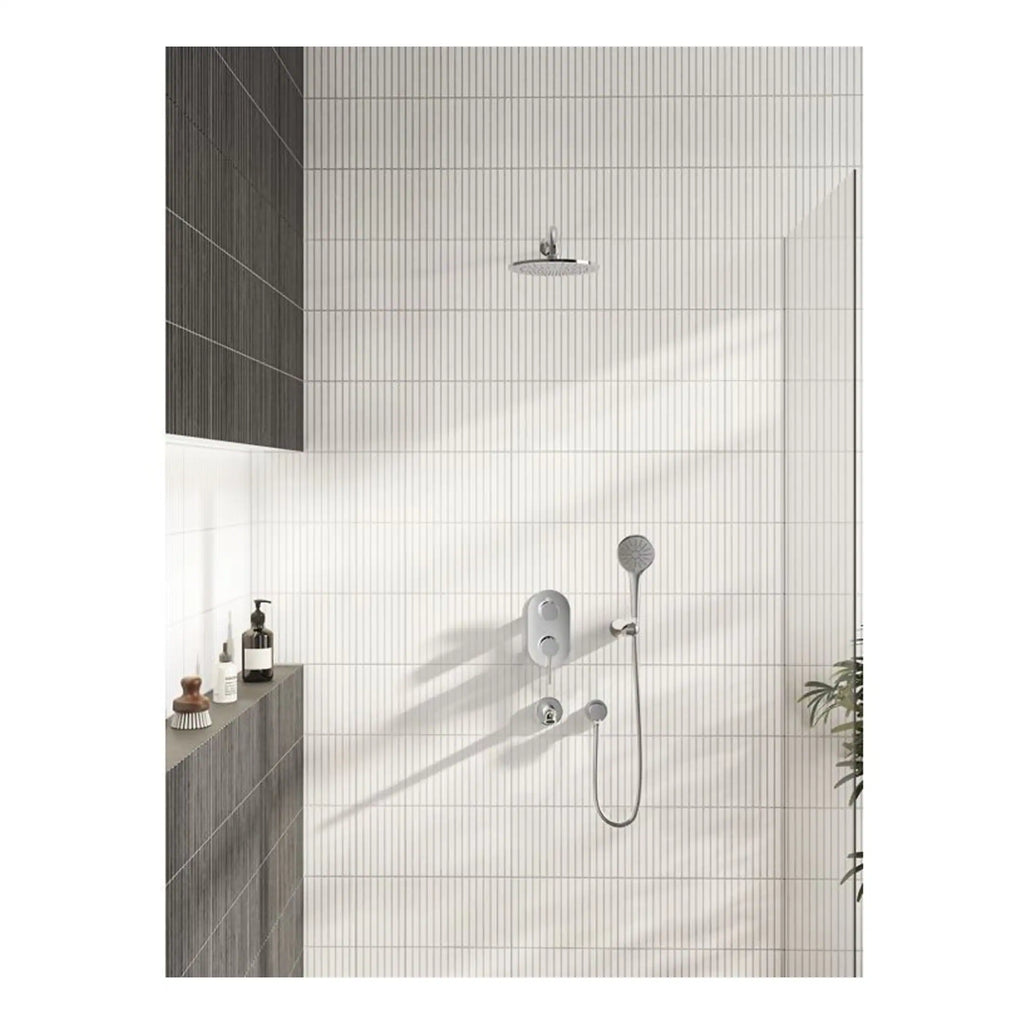 Sleek modern shower enclosure with overhead rainfall showerhead and handheld shower, featuring minimalist white and dark grey wall tiles, designed for contemporary bathroom upgrades.