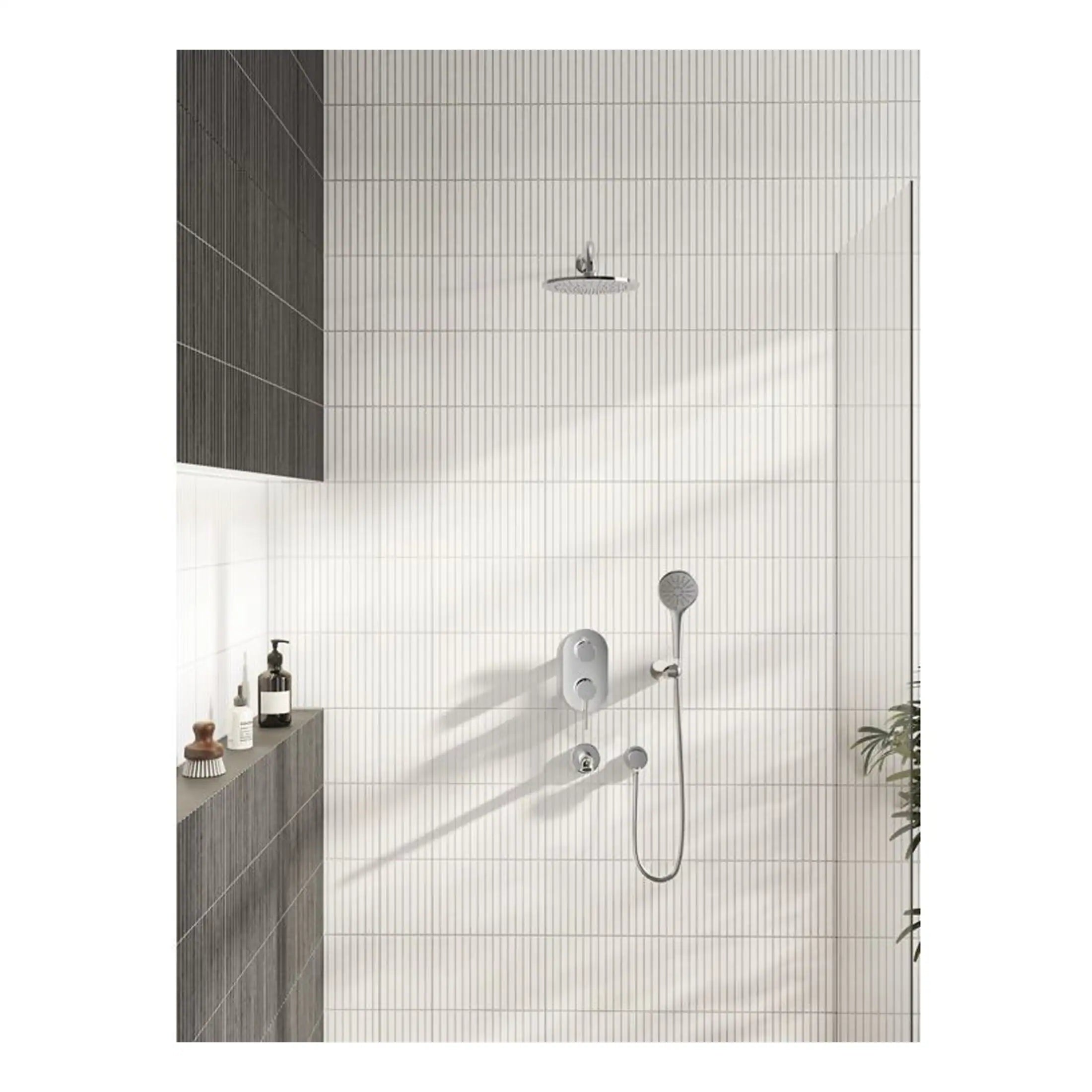 Sleek modern shower enclosure with overhead rainfall showerhead and handheld shower, featuring minimalist white and dark grey wall tiles, designed for contemporary bathroom upgrades.
