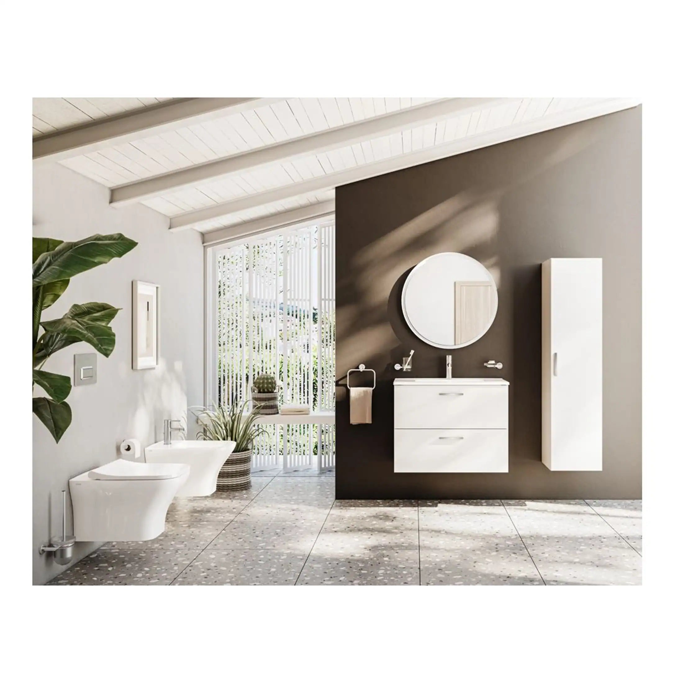 Contemporary white bathroom vanity unit with a round mirror, wall-mounted cabinet, and modern fixtures in a stylish, minimalist bathroom with natural lighting and accent wall.