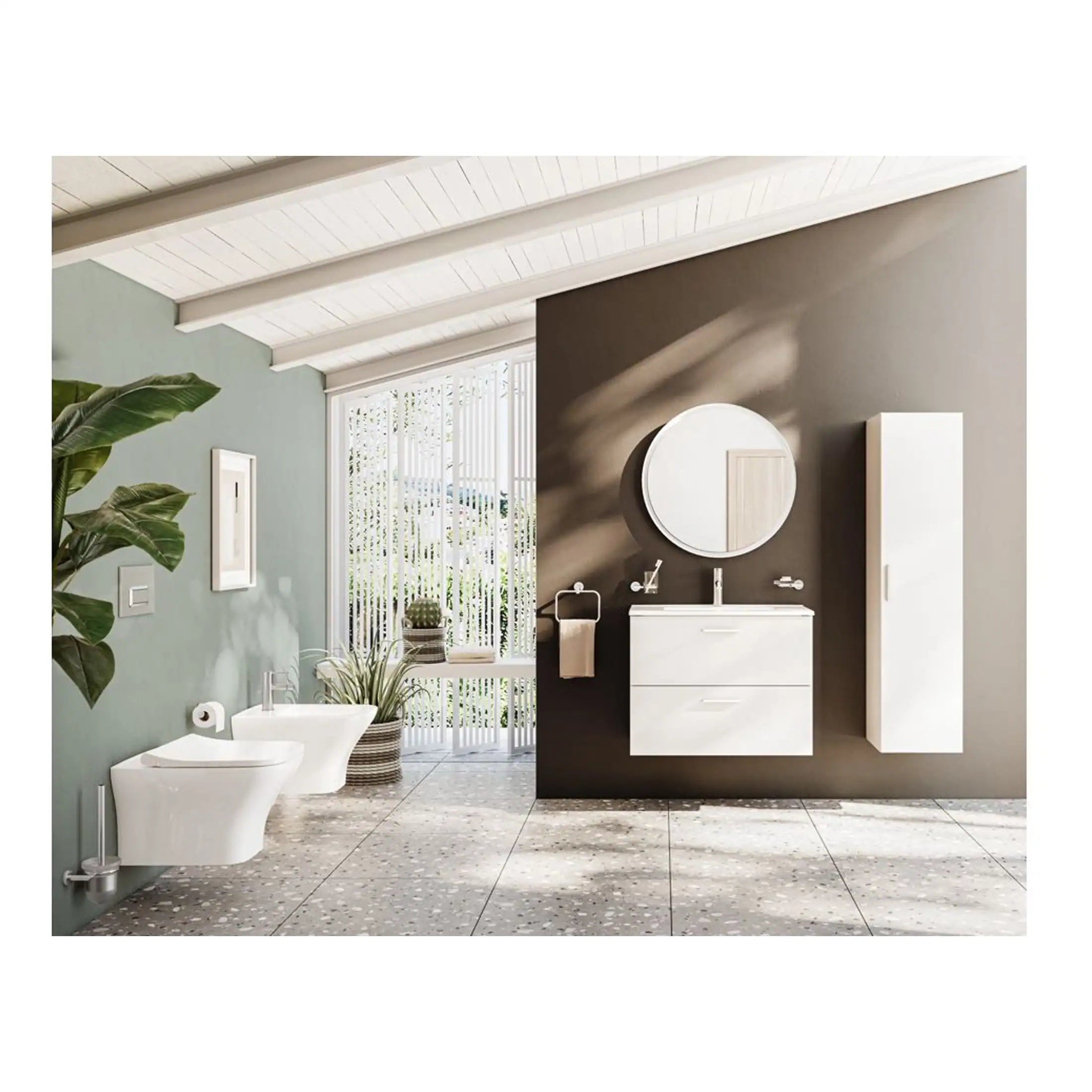 Sleek modern bathroom design featuring wall-mounted toilet and bidet, minimalist vanity with round mirror, and neutral colour palette with natural light from large window.