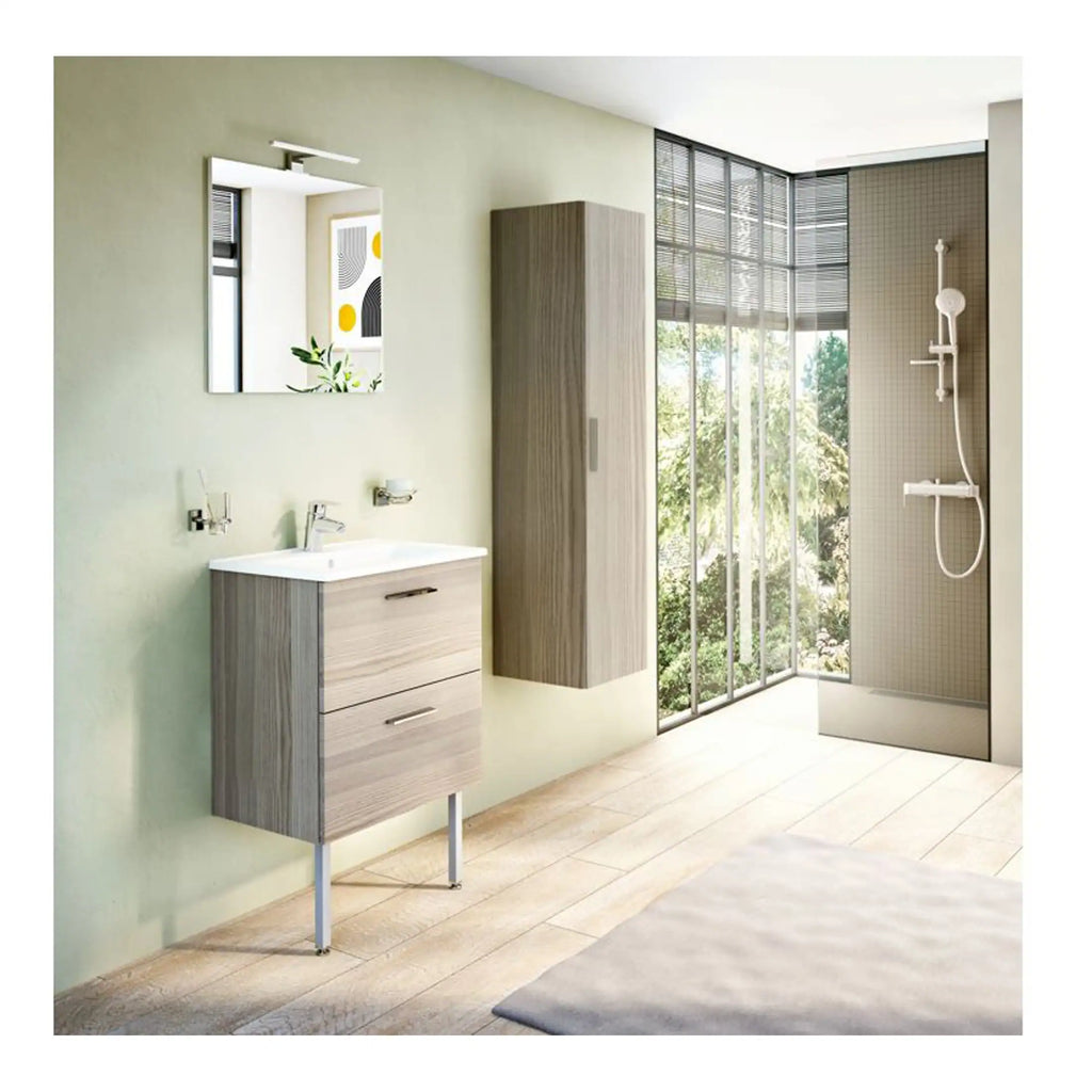 Sleek modern bathroom with wall-mounted vanity, storage cabinet, and walk-in shower with glass enclosure, natural light, and minimalist design, ideal for contemporary bathroom renovations.