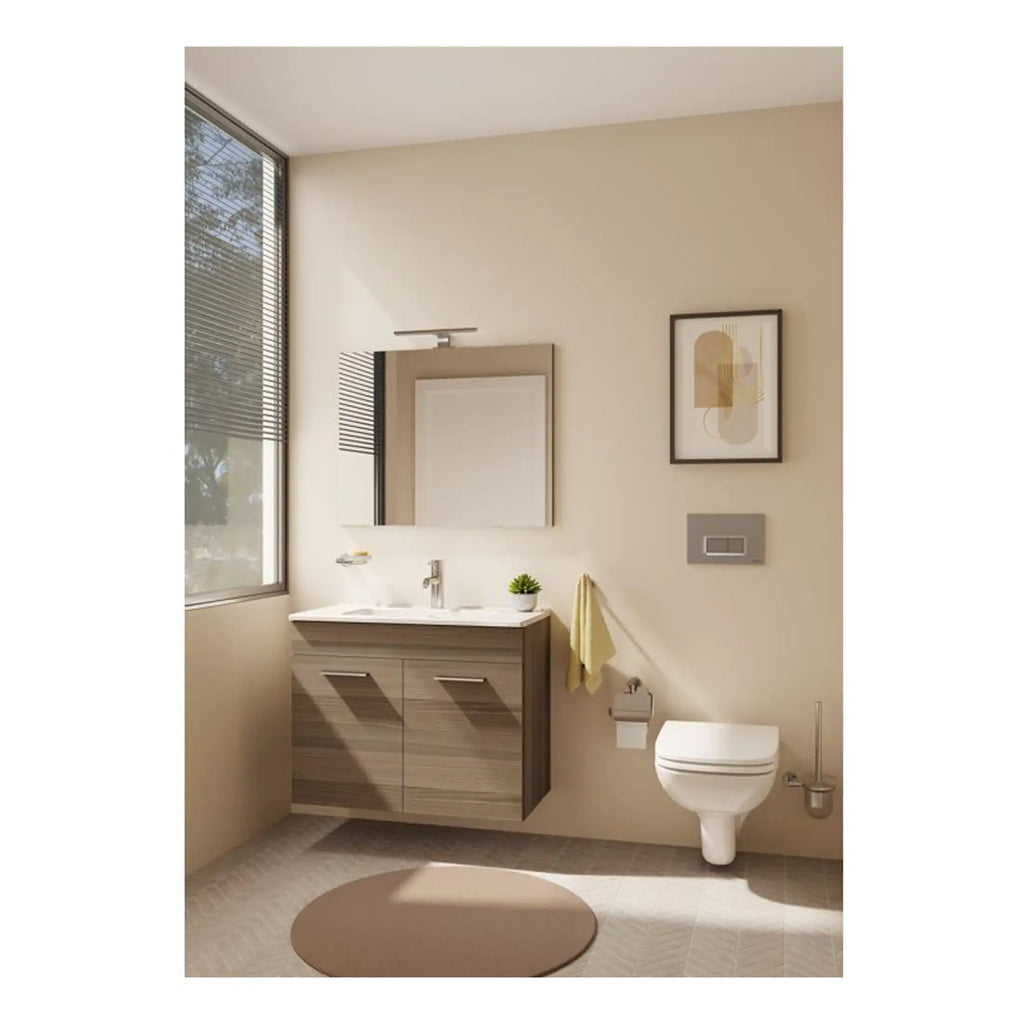 Sleek modern bathroom with floating vanity, wall-mounted toilet, minimalist design, and natural light from large windows, perfect for contemporary bathroom renovation and style.