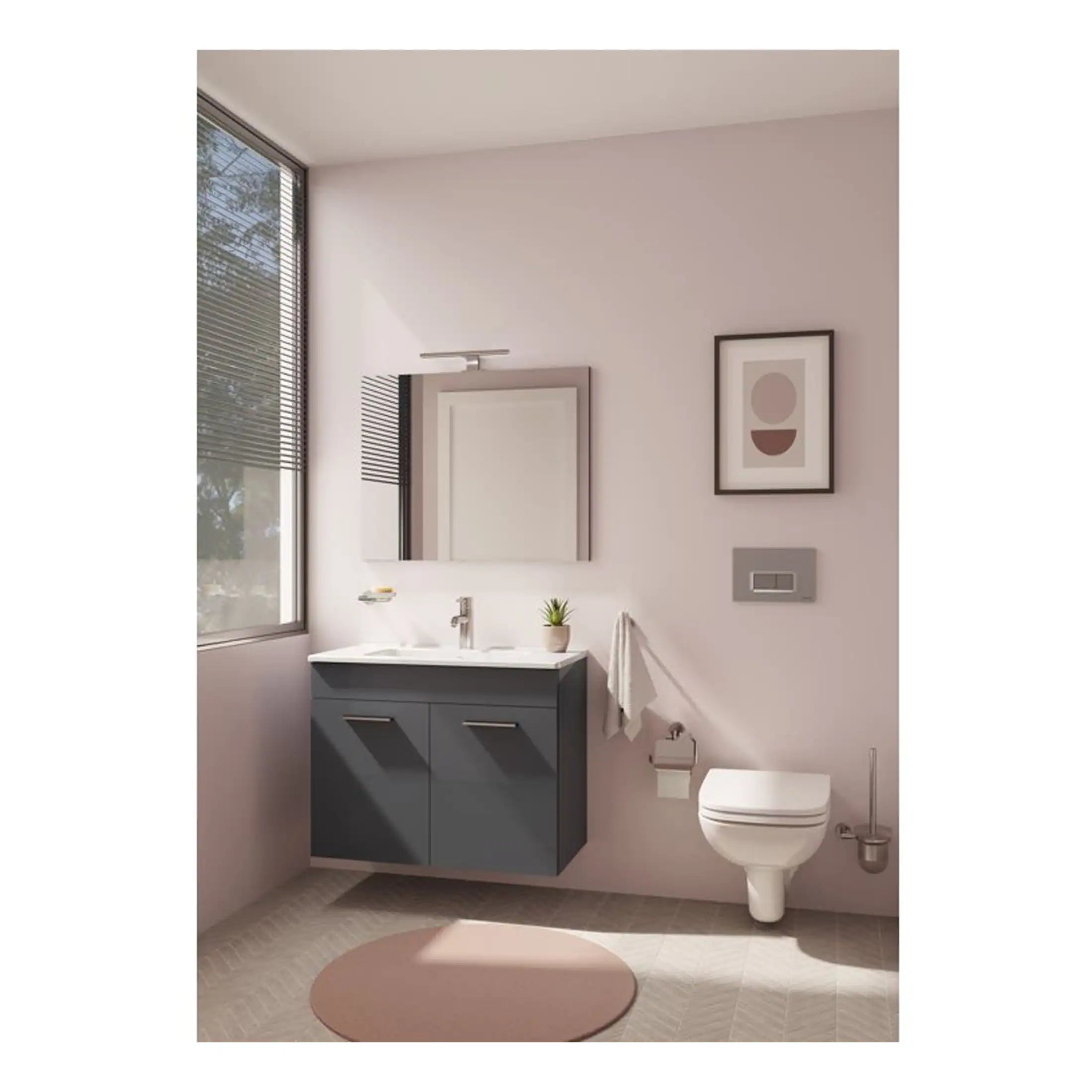 Sleek modern bathroom with a grey vanity unit, wall-mounted toilet, large window with blinds, and minimalist decor creating a bright and stylish space.