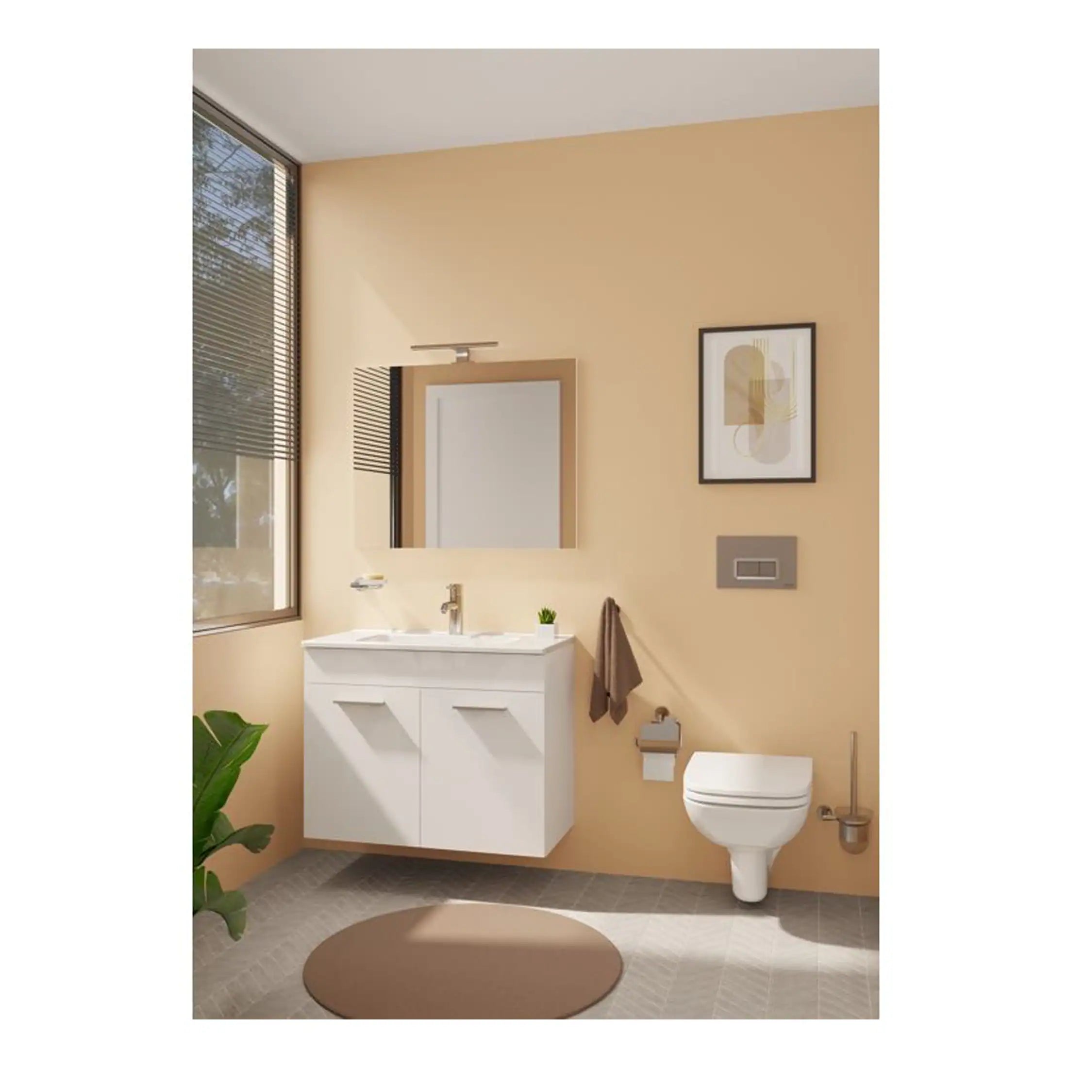 Contemporary bathroom with beige walls, wall-mounted toilet, modern vanity with sink, large window with blinds, minimalistic decor, and abstract artwork for a stylish and functional space.