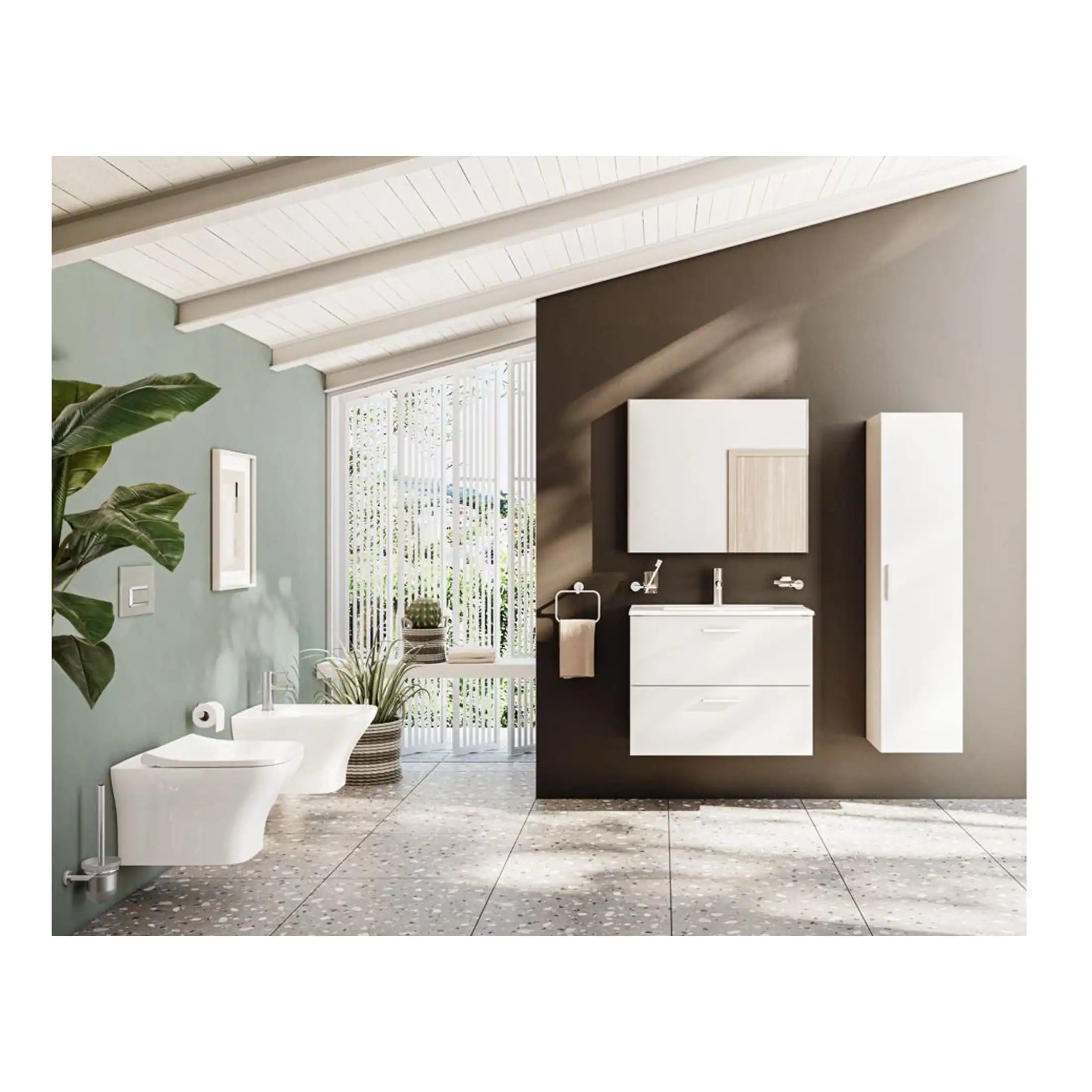 Modern minimalist bathroom with wall-mounted toilet and bidet, natural light, and contemporary white cabinetry against a dark accent wall, featuring sleek fixtures and relaxed eco-friendly decor.