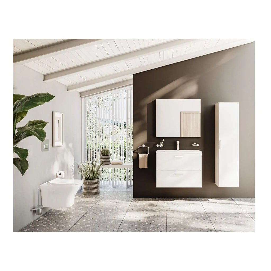 Contemporary bathroom interior featuring modern white vanity, wall-mounted cabinet, and natural light from large window, designed for functional and stylish Bubly Bathrooms.