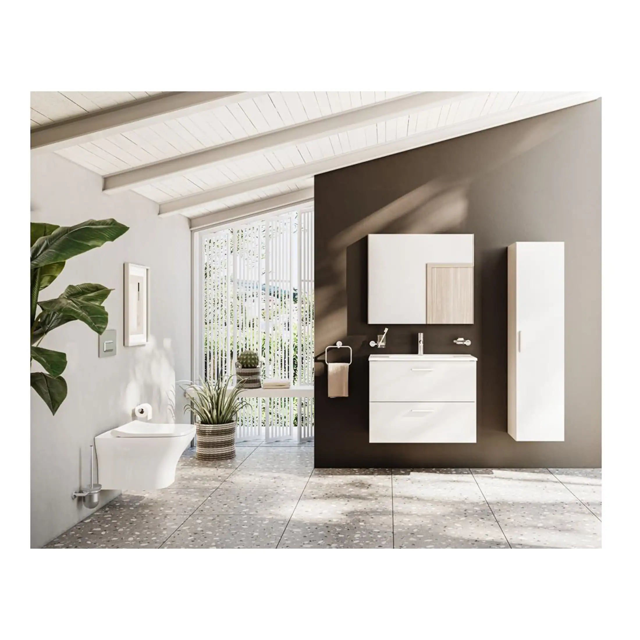 Contemporary bathroom interior featuring modern white vanity, wall-mounted cabinet, and natural light from large window, designed for functional and stylish Bubly Bathrooms.