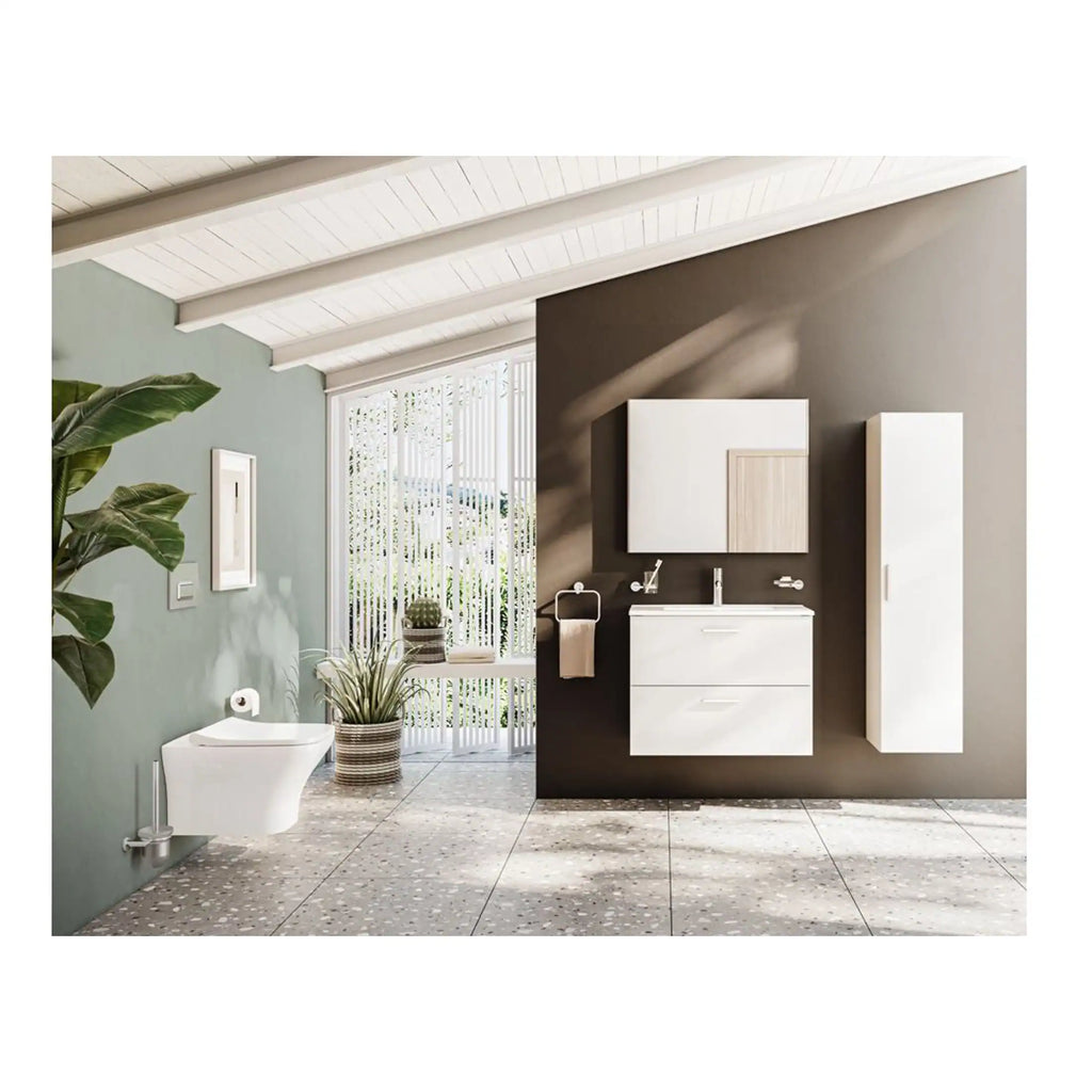 Modern minimalist bathroom design with sleek white fixtures, natural light, and contemporary storage solutions, ideal for contemporary bathroom renovation projects.