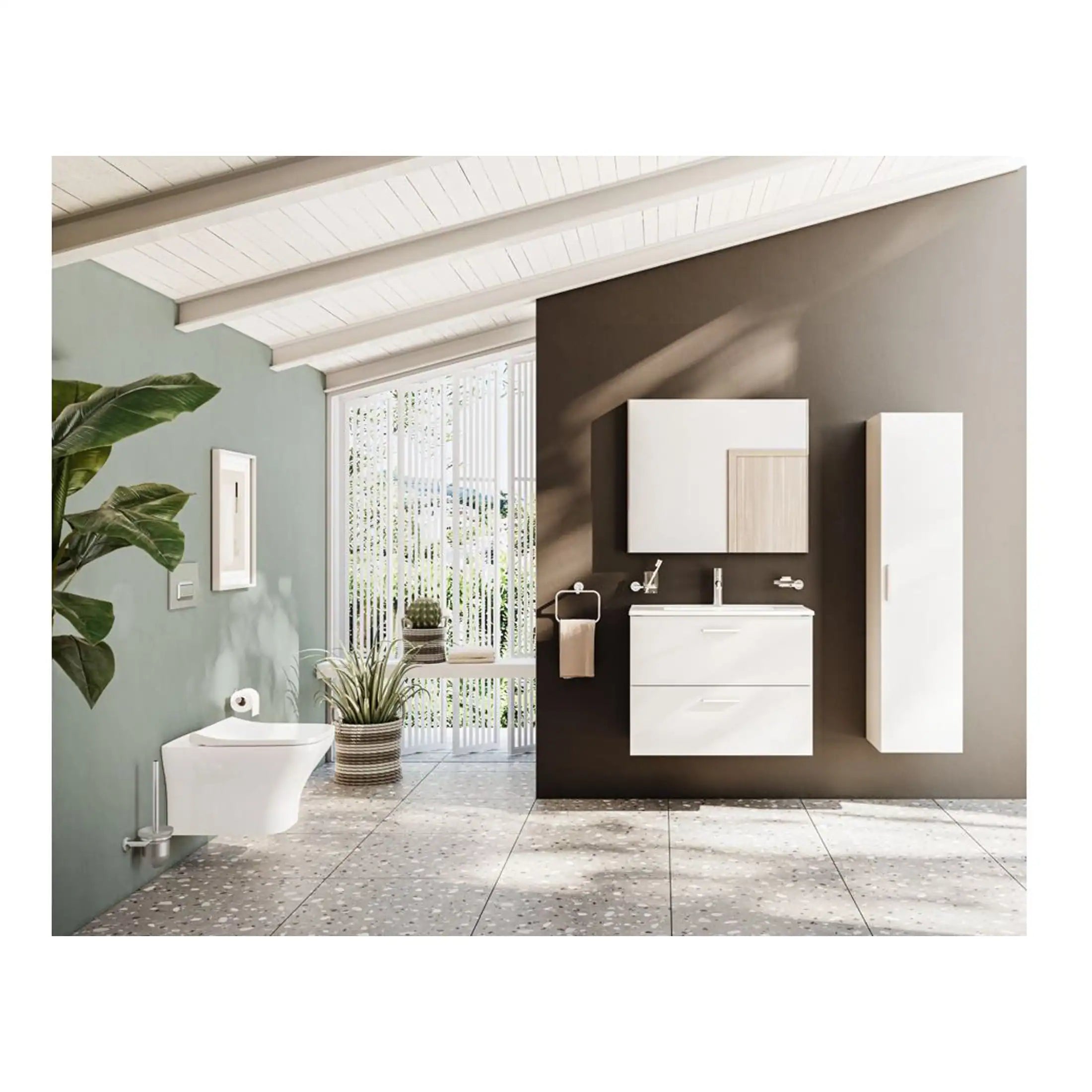 Modern minimalist bathroom design with sleek white fixtures, natural light, and contemporary storage solutions, ideal for contemporary bathroom renovation projects.