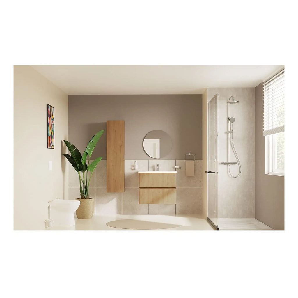 Modern minimalist bathroom with walk-in shower, wooden vanity, large mirror, and neutral tones, creating a serene and stylish space for relaxing baths and daily routines.