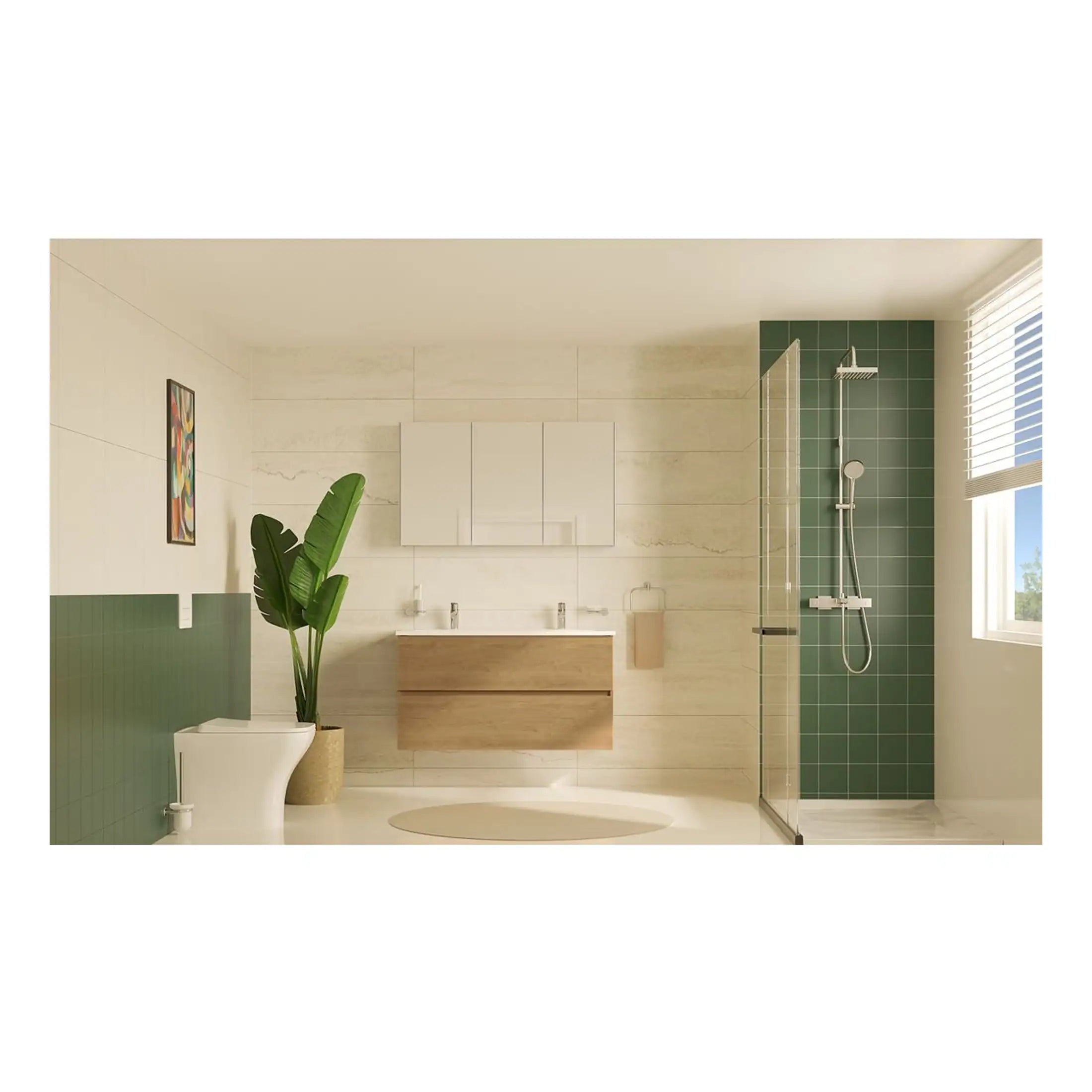 Modern contemporary bathroom featuring a glass-enclosed shower, wall-mounted vanity with dual sinks, large window with natural light, and stylish green accent tiles, perfect for bathroom renovation ideas.