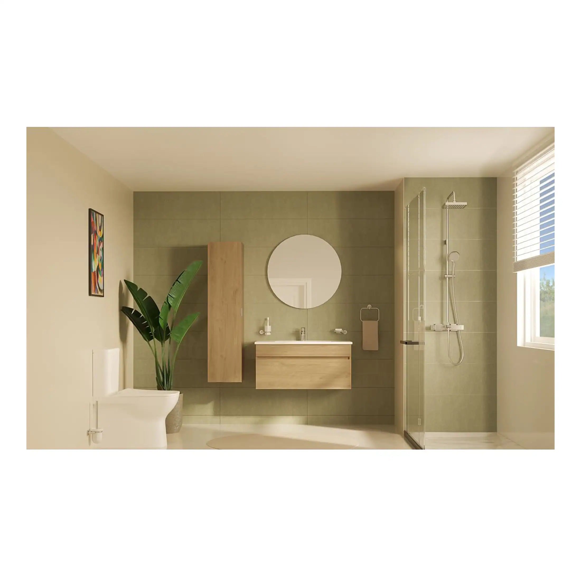 Contemporary bathroom design featuring a floating wooden vanity, round mirror, walk-in shower with glass enclosure, and neutral green tones for a modern and relaxing spa-like atmosphere.