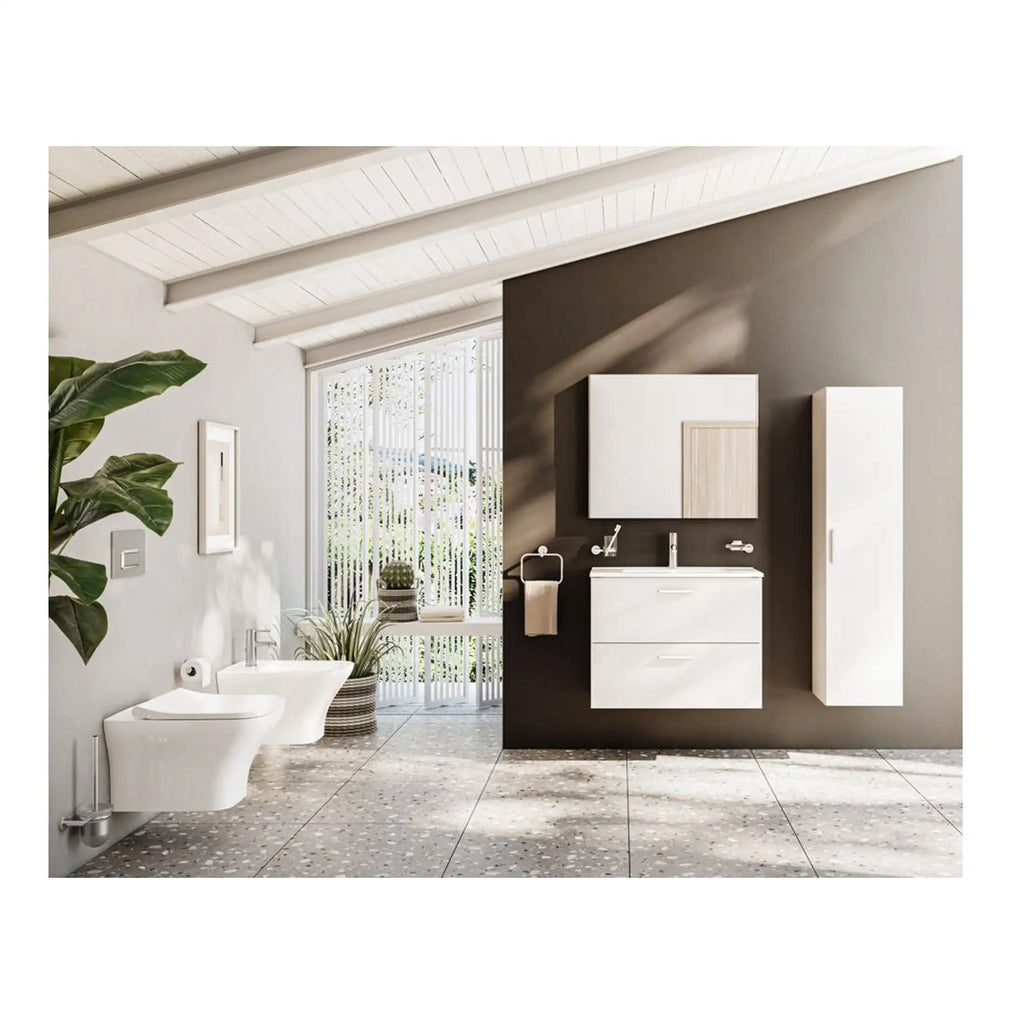Modern bathroom with white fixtures, grey accent wall, and natural light, featuring a sleek vanity, wall-mounted toilet and bidet, and contemporary cabinetry for stylish storage.