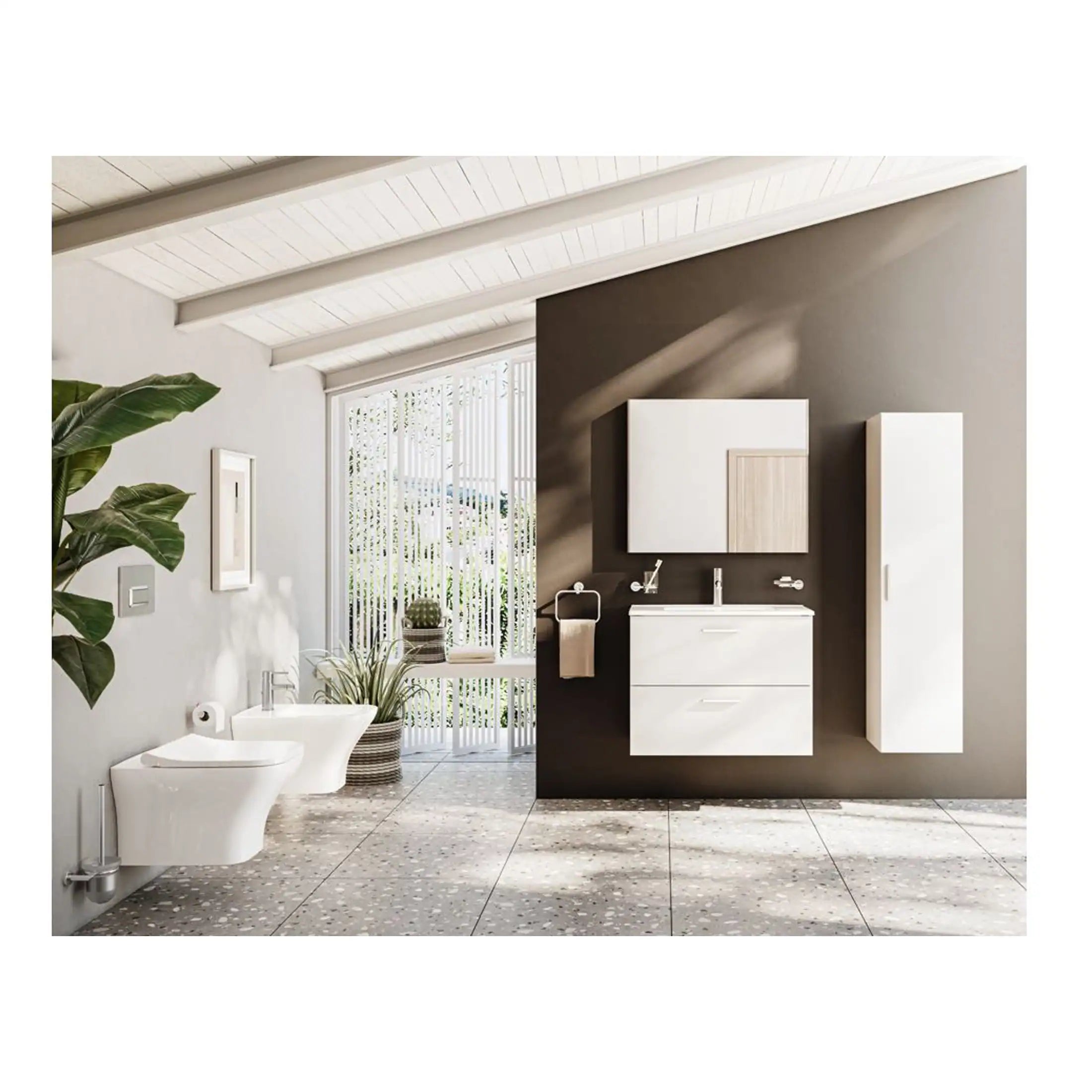 Modern bathroom with white fixtures, grey accent wall, and natural light, featuring a sleek vanity, wall-mounted toilet and bidet, and contemporary cabinetry for stylish storage.