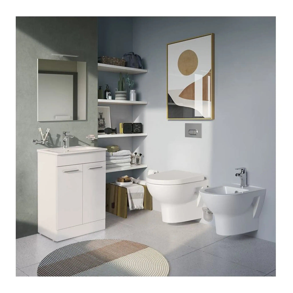 Contemporary bathroom with white toilet, bidet, modern vanity unit, wall-mounted mirror, open shelving with decor, and minimalist design, ideal for stylish and functional bathroom space.