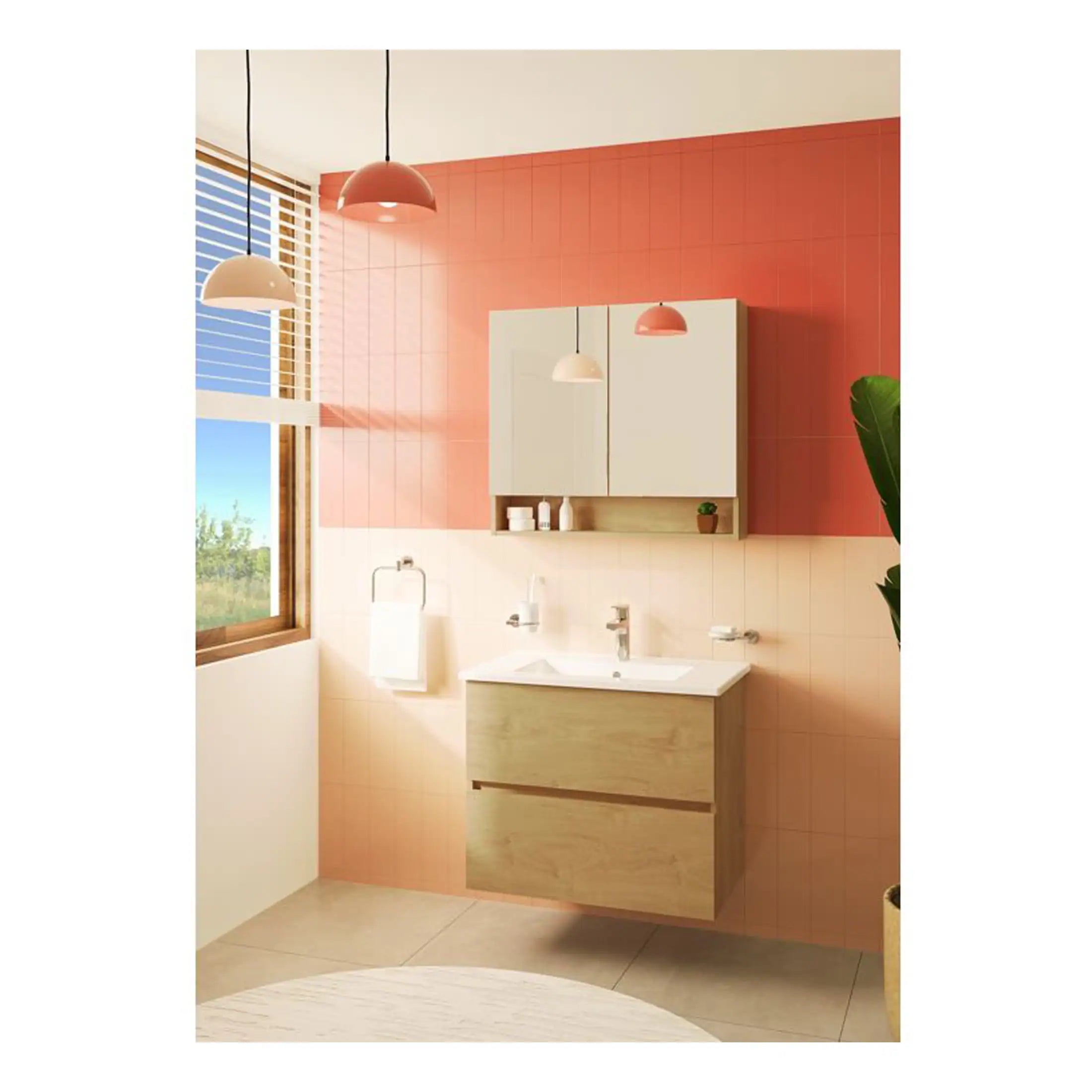Sleek modern bathroom with pink and beige tiles, wall-mounted vanity and clean fixtures, showcasing stylish bathroom design ideas by Bubly Bathrooms.