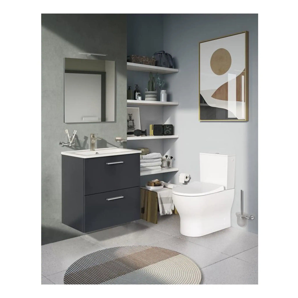 Contemporary bathroom with modern vanity unit, circular rug, open shelves, and decorative artwork, showcasing stylish and functional Bubly Bathrooms designs.