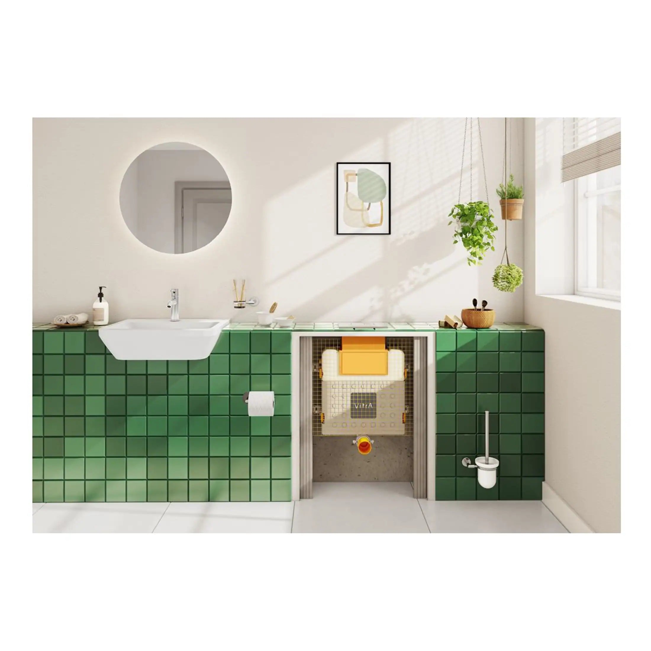 Modern bathroom under installation with green tiled walls, a white sink, hanging plants, and a mirror, showcasing Bubly Bathrooms' expert tiling and bathroom renovation services in the UK.