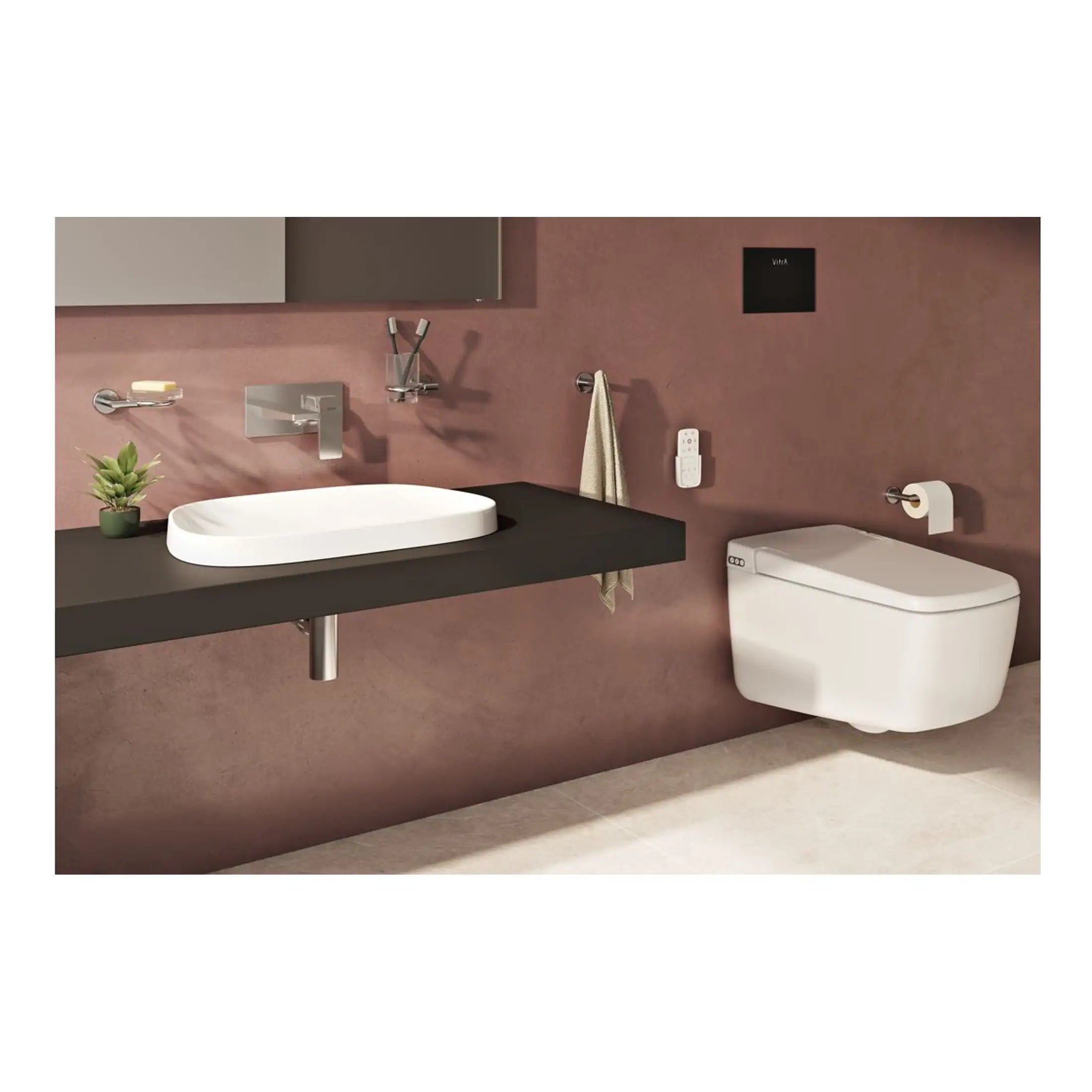 Sleek modern bathroom with a wall-mounted toilet, minimalist black vanity with vessel sink, wall-mounted faucet, and contemporary accessories in a stylish pink-toned space.