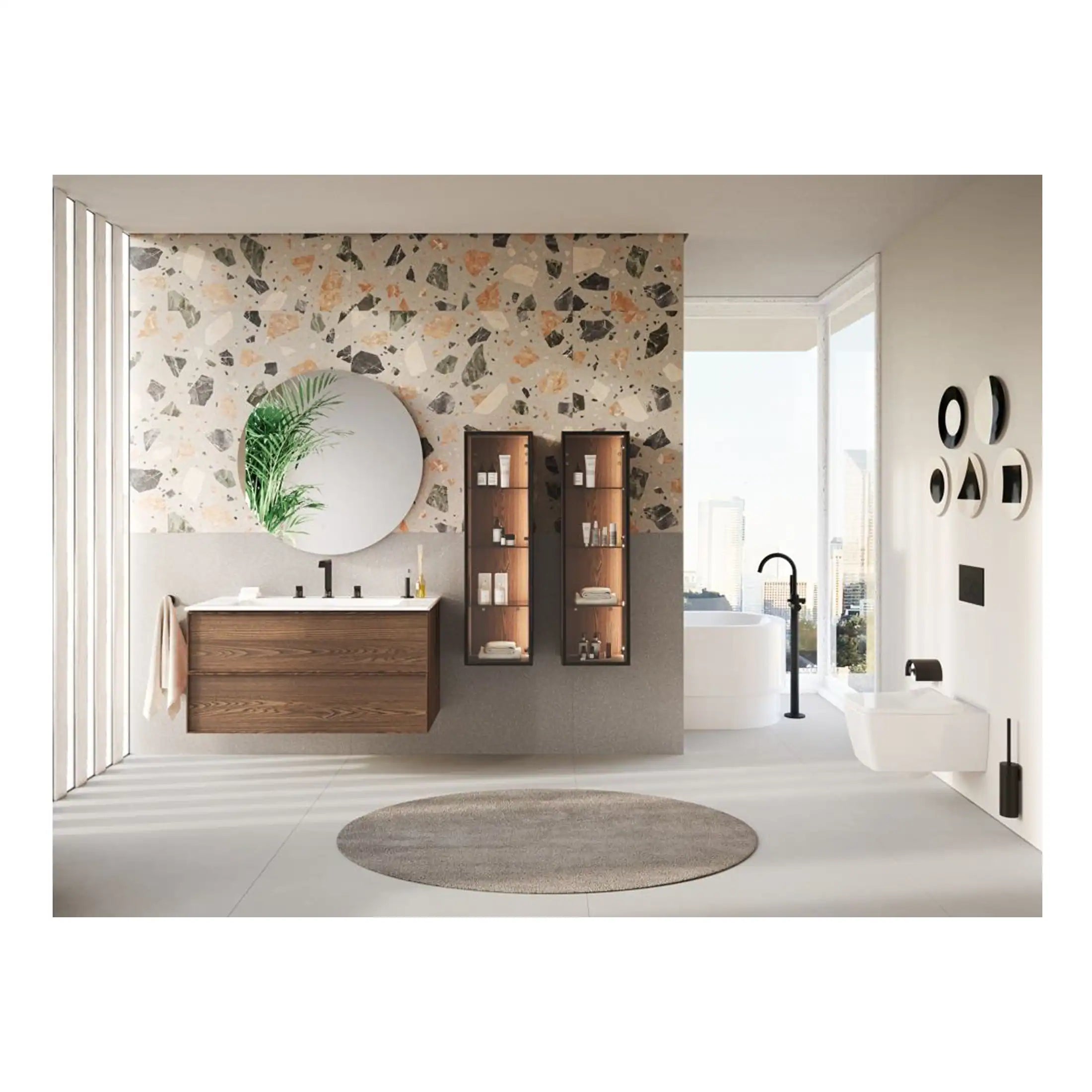 Modern contemporary bathroom with sleek wooden vanity, floating cabinets, terrazzo accent wall, round mirror, and a freestanding bathtub set against large windows with city views.