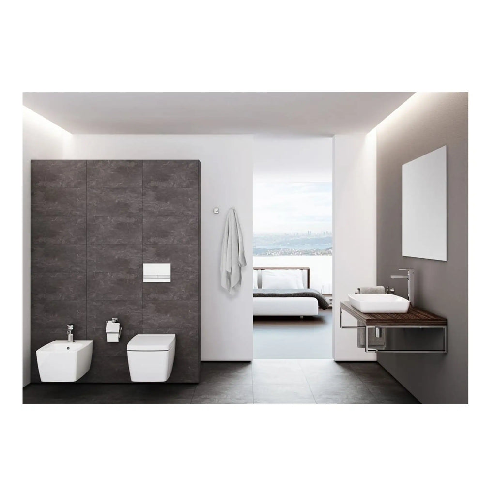 Modern minimalistic bathroom with wall-mounted toilet, bidet, and sleek vanity with vessel sink in a contemporary bathroom design.
