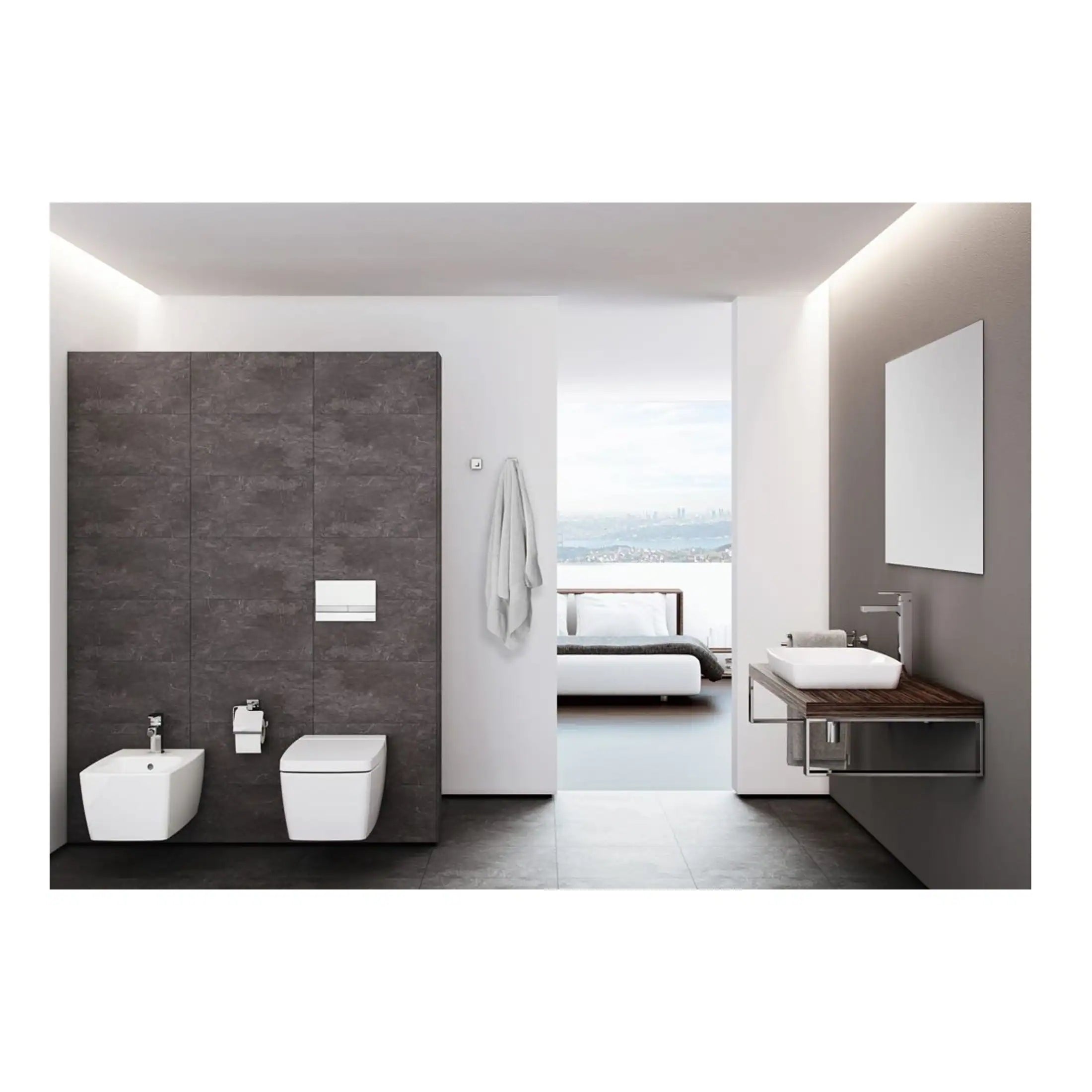 Modern minimalistic bathroom with wall-mounted toilet, bidet, and sleek vanity with vessel sink in a contemporary bathroom design.