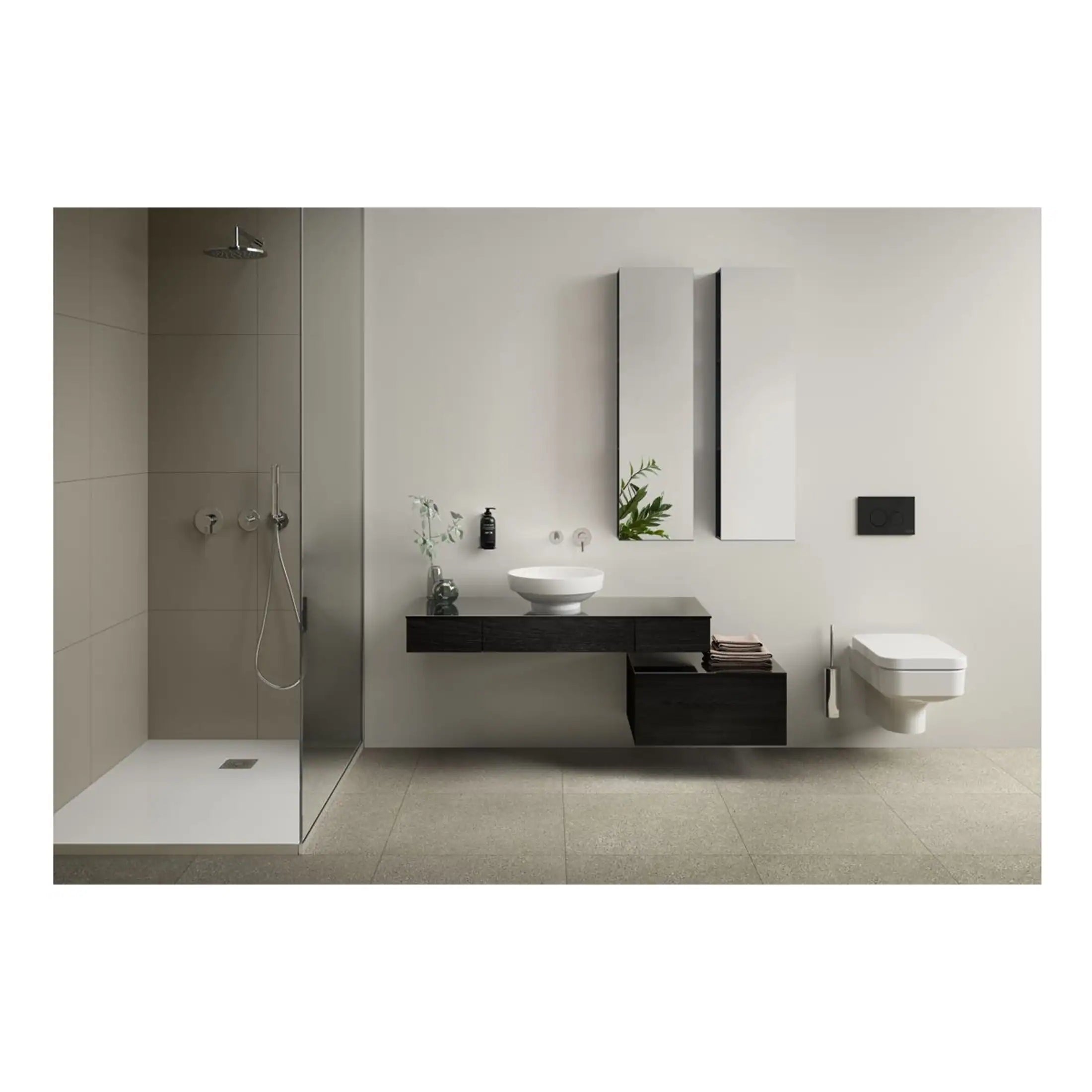 Modern minimalist bathroom with walk-in shower, floating black vanity with vessel sink, wall-mounted toilet, sleek mirror cabinets, and neutral tones for a contemporary design.