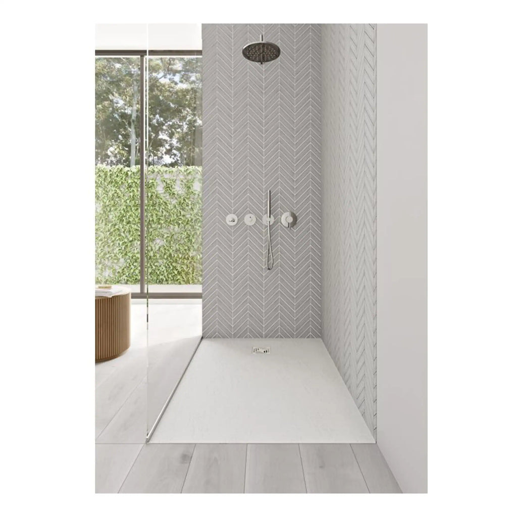 Contemporary walk-in shower with modern rainfall showerhead, minimalist design, grey textured tiles, and glass enclosure for luxury bathroom renovation.
