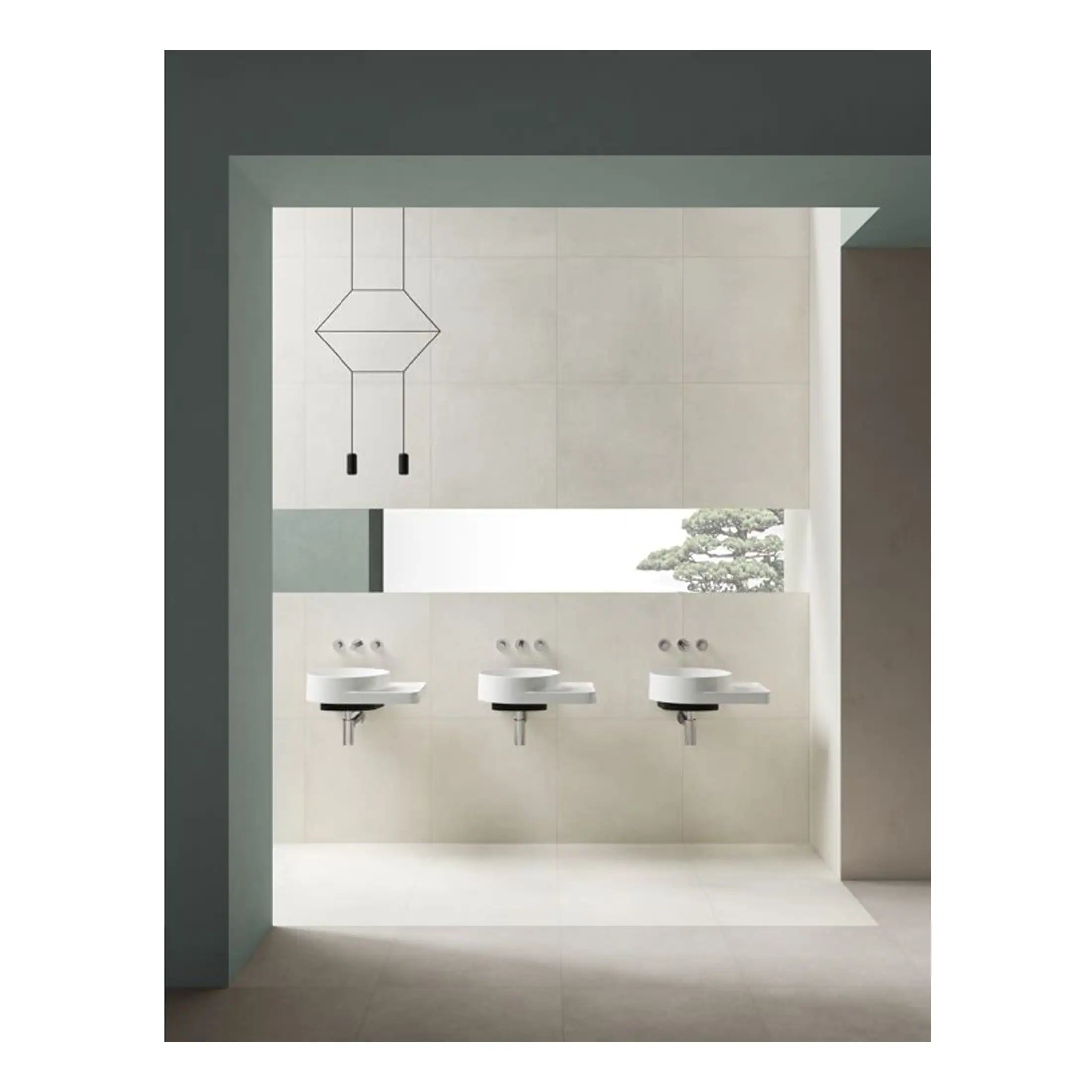 Sleek modern bathroom with three wall-mounted white sinks and a minimalist black pendant light, featuring neutral tones and a large window with a view of a Japanese bonsai tree, perfect for contemporary bathroom design.