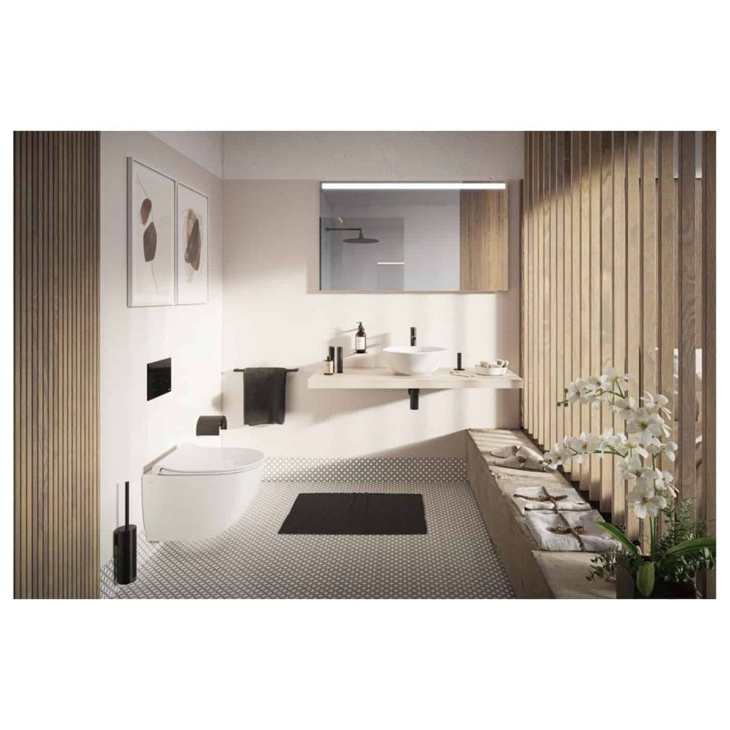 Elegant modern bathroom with minimalist design, featuring a sleek wall-mounted toilet, contemporary sink, wooden accents, and decorative plant for a relaxing aesthetic, perfect for stylish bathroom renovations.