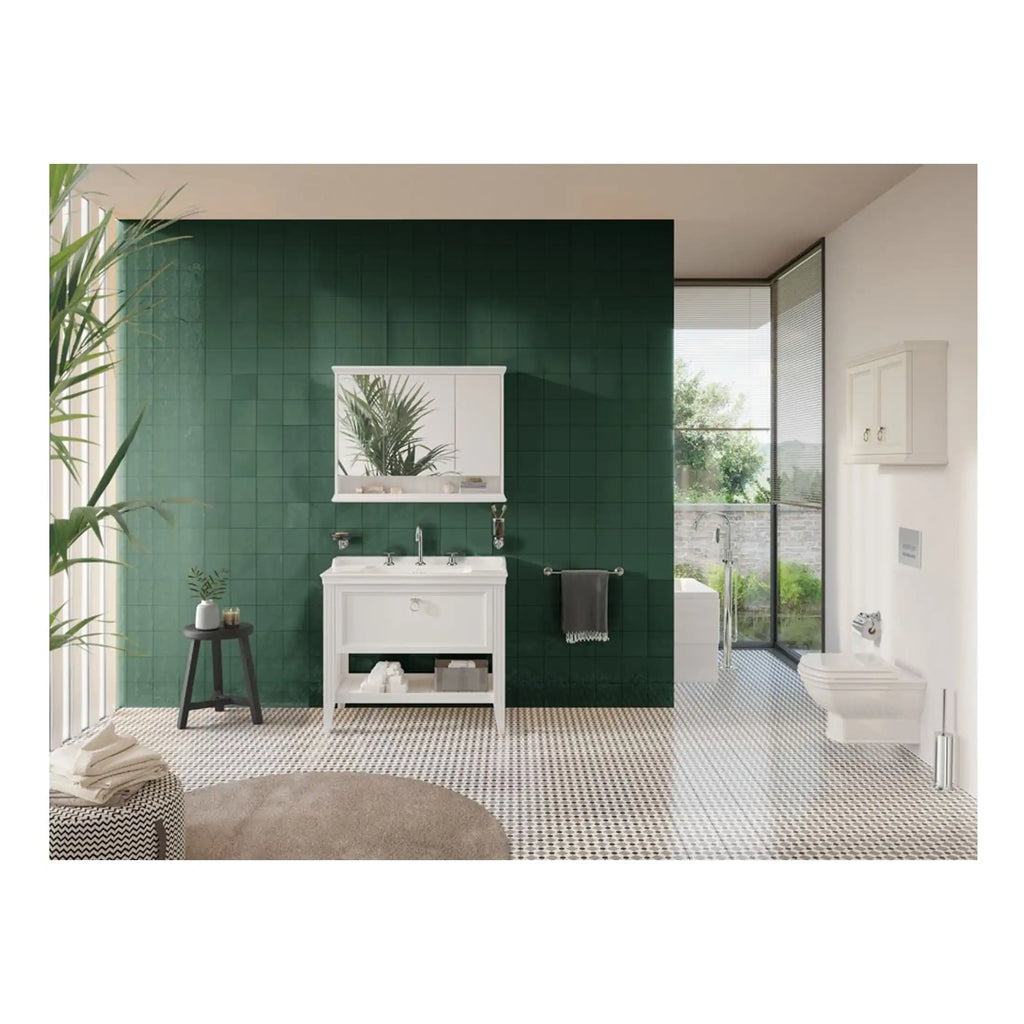 Sink and mirror bathroom vanity with green tiled accent wall, modern design, and natural light; stylish bathroom decor from Bubly Bathrooms.